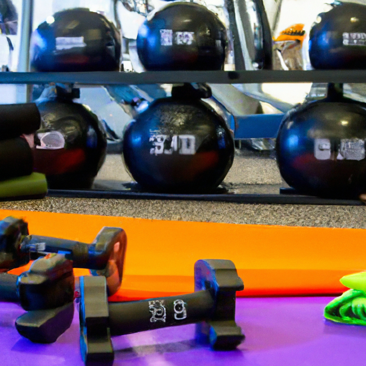 The photo features a sleek black yoga mat with a pair of dumbbells resting on top, surrounded by a set of resistance bands in varying colors. In the background, a digital screen displays a virtual fitness class with an energetic instructor leading a group of participants through a high-intensity workout. The scene is illuminated by bright studio lighting, creating a dynamic and motivating atmosphere for anyone looking to achieve their fitness goals from the comfort of their own home.