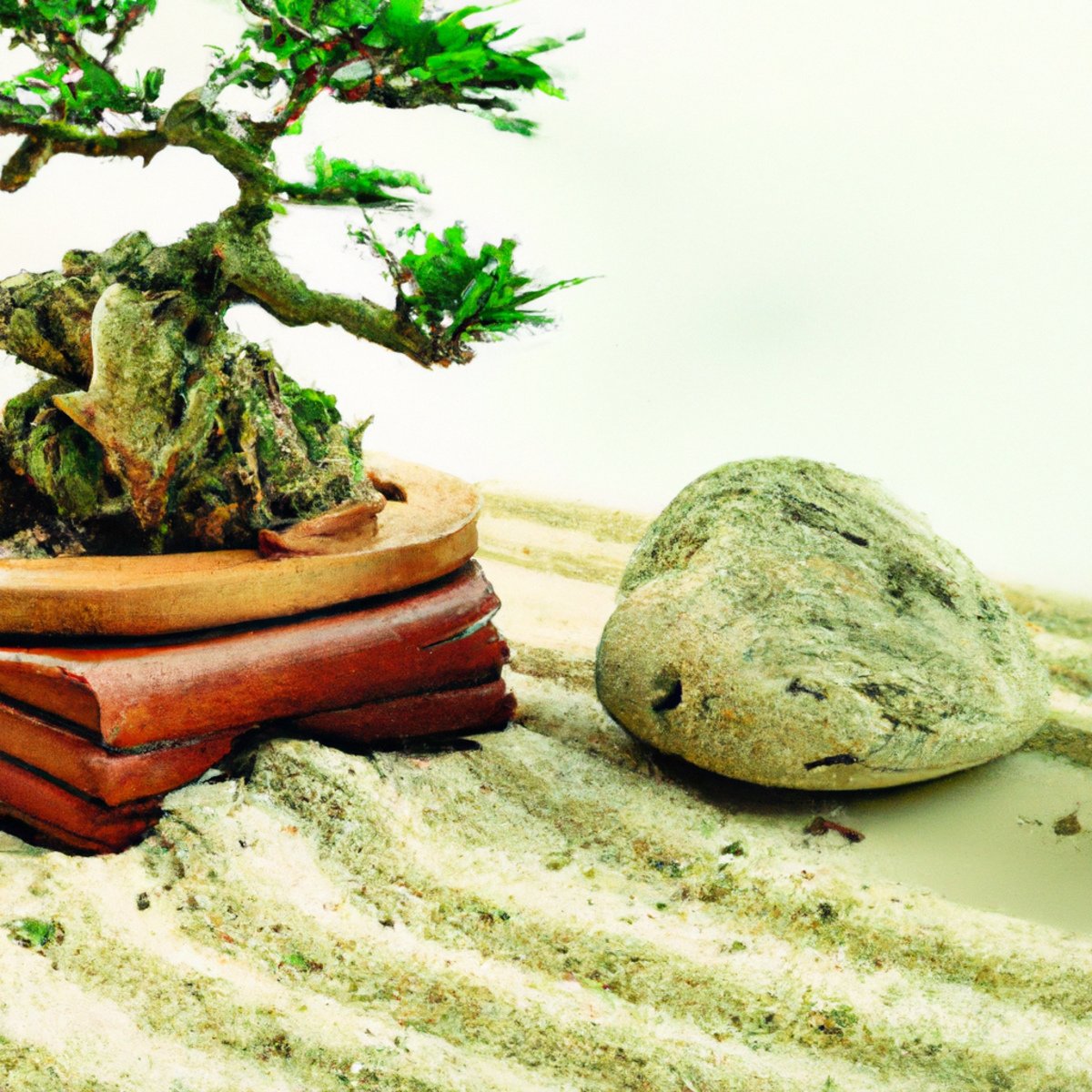 Natural skin care routines - A serene Zen garden with raked sand, pebbles, bonsai trees, and a bench, promoting mindfulness for stress relief.