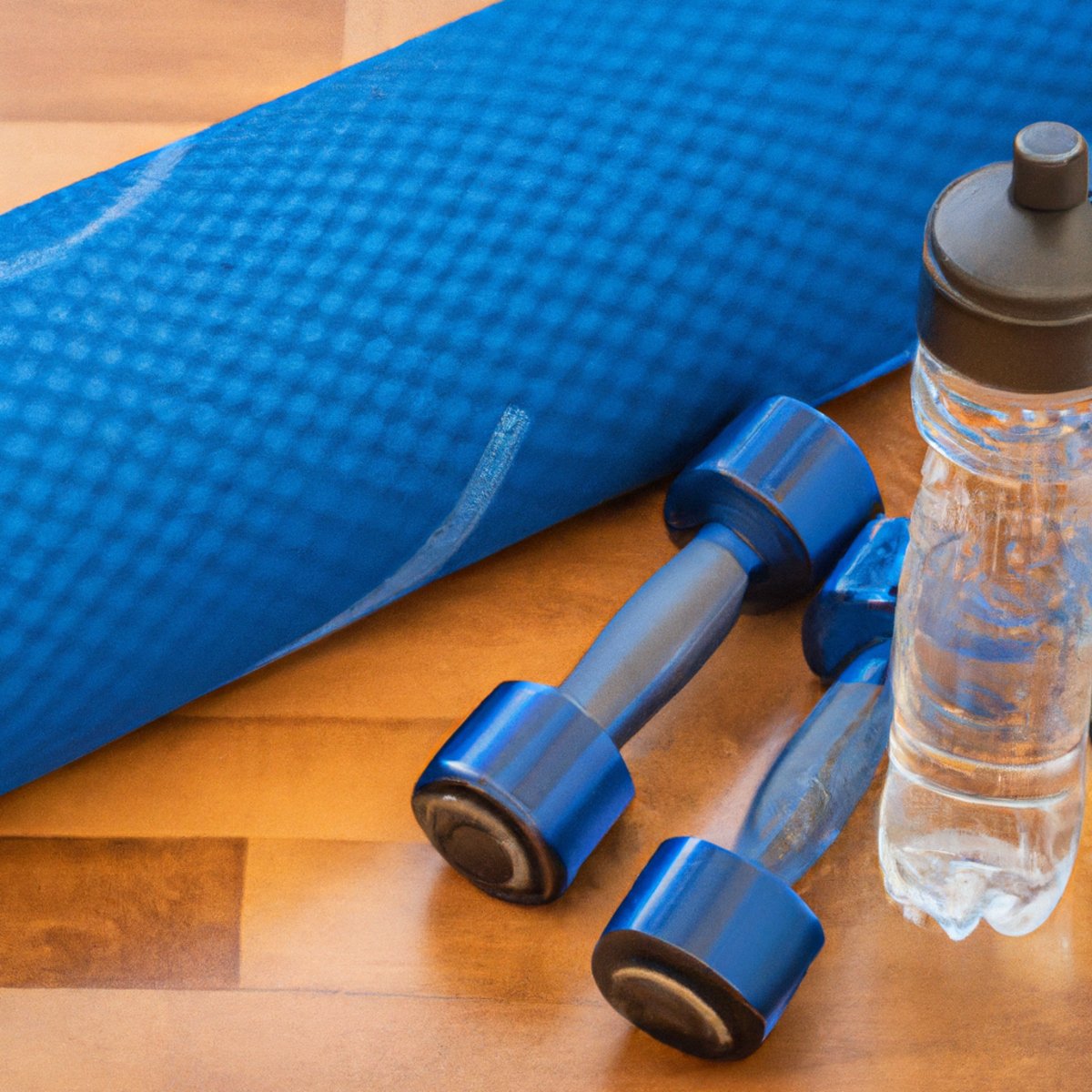 The photo depicts a set of dumbbells, a yoga mat, and a water bottle arranged neatly on a hardwood floor. The dumbbells are of varying weights and have a sleek, metallic finish. The yoga mat is a vibrant shade of blue and has a textured surface for added grip. The water bottle is transparent and filled with clear, refreshing water. The lighting in the photo is bright and natural, casting a warm glow on the objects. The composition of the photo suggests a sense of order and discipline, encouraging readers to take their fitness routines seriously.