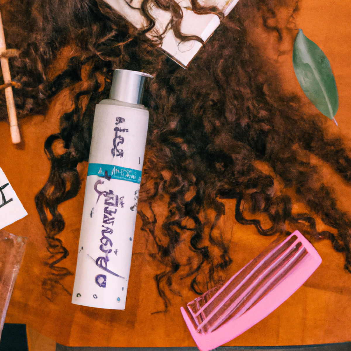 Curly hair care essentials on a wooden table, with a woman in the background applying product.