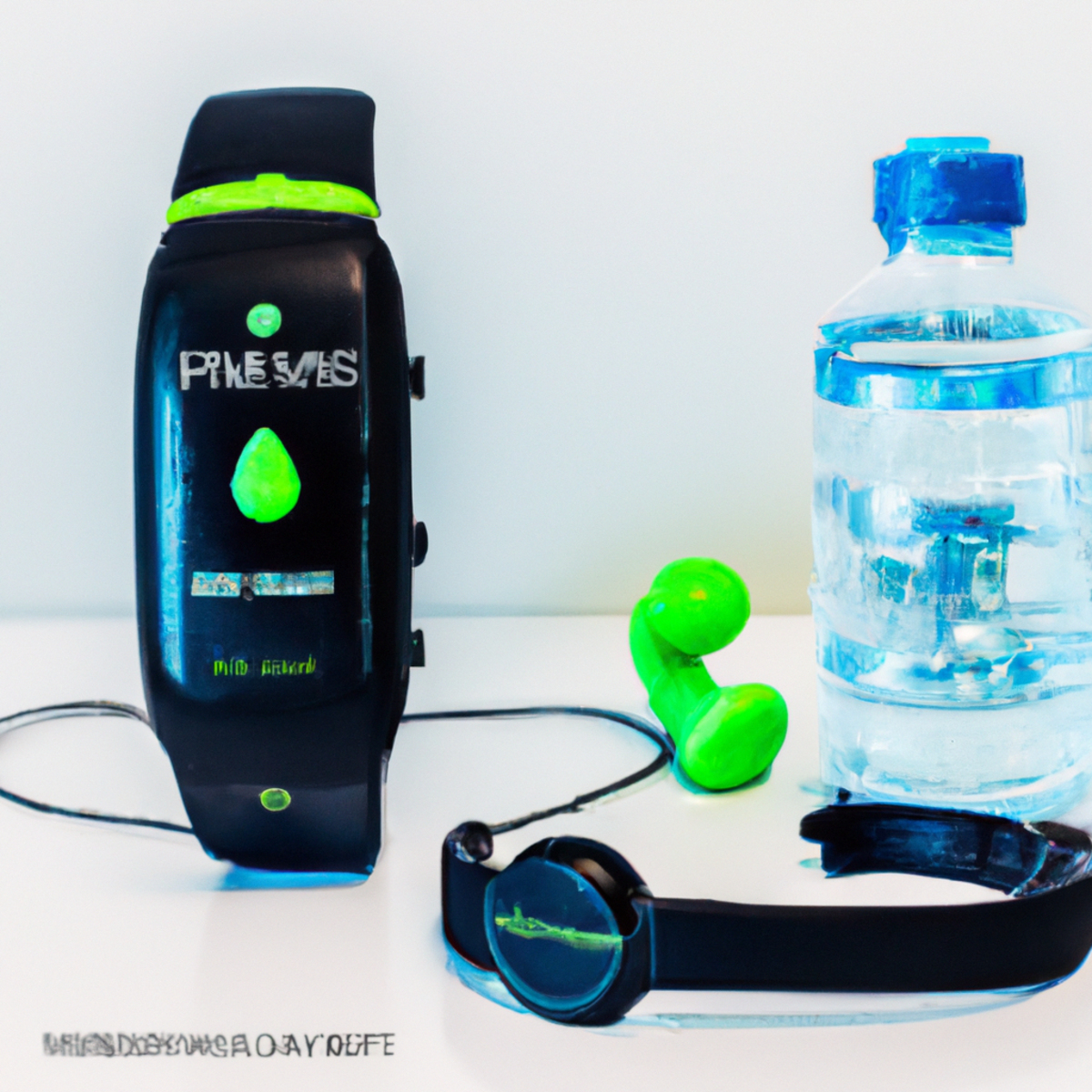 The photo features a sleek black fitness tracker watch, a pair of wireless earbuds, and a water bottle with a bright green cap, emphasizing the use of fitness apps and wearables. The watch, specifically designed for tracking fitness activities, is strapped securely to a toned wrist, displaying the user's heart rate and calories burned during their workout. The earbuds, seamlessly integrated into the user's exercise routine, provide a soundtrack to enhance their fitness experience. The water bottle, a crucial accessory, ensures that the user stays hydrated during their workout session. The background, intentionally blurred, suggests that the user is in motion, possibly using fitness apps and wearables while jogging or cycling. Overall, the photo perfectly captures the essence of the article's topic, showcasing the importance and effectiveness of fitness apps and wearables in enhancing a fitness routine.