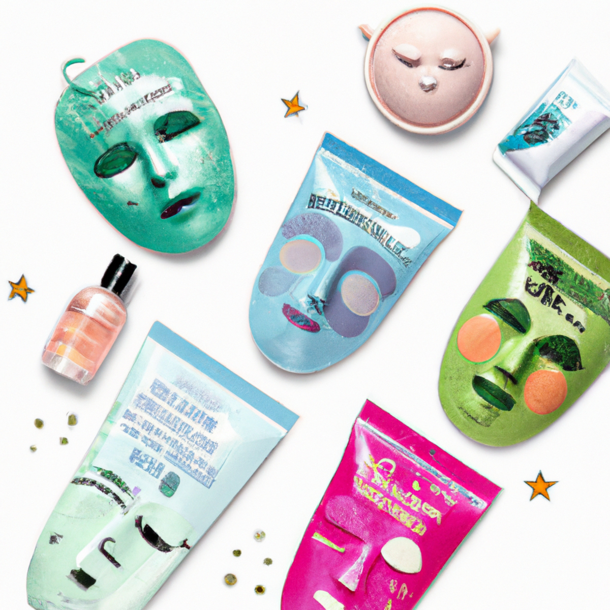 Colorful assortment of face masks and tools for multi-masking, enticing beauty lovers to explore personalized skincare.