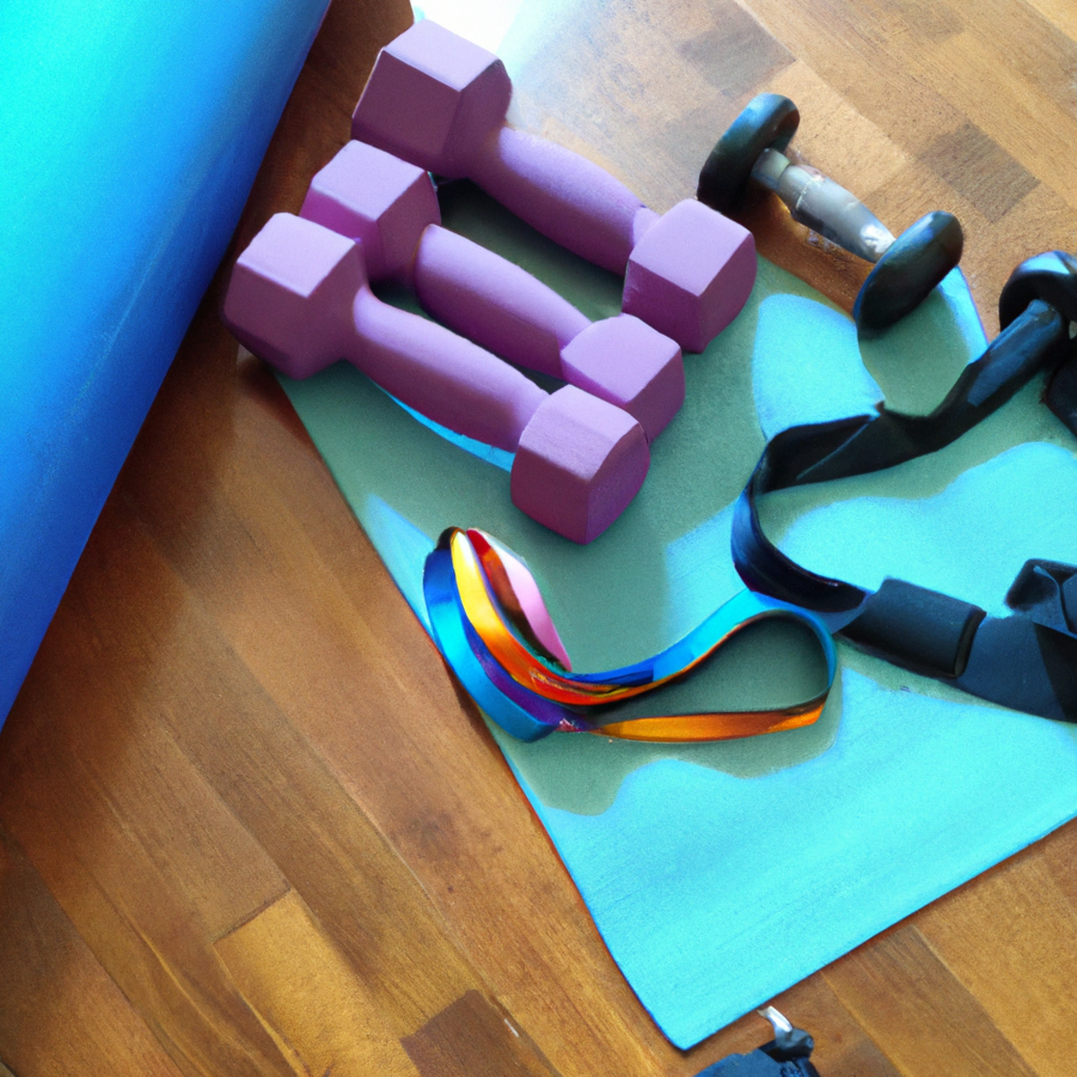 The photo captures a set of dumbbells, a yoga mat, and a resistance band arranged neatly on a hardwood floor. The dumbbells are of different weights, ranging from 5 to 15 pounds, and are placed on either side of the mat. The resistance band is looped around the mat, ready to be used for a variety of exercises. The lighting is bright and natural, highlighting the texture of the wood and the vibrant colors of the equipment. The composition of the photo suggests a sense of order and purpose, inviting the viewer to join in on a challenging at-home workout.