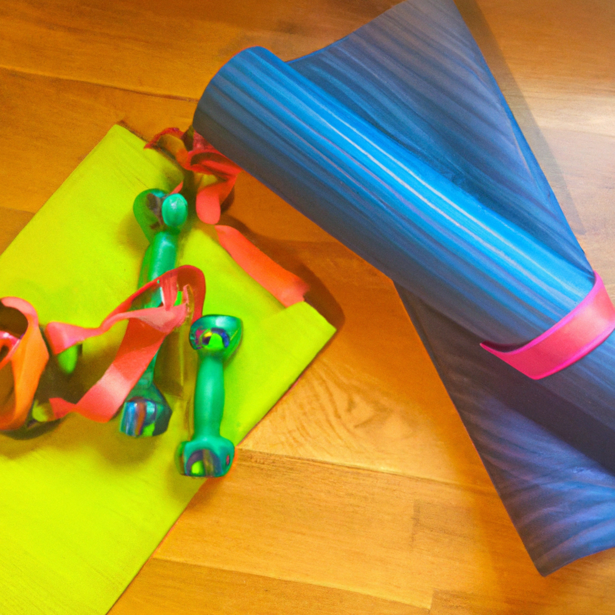 The photo captures a set of colorful resistance bands, a pair of light dumbbells, and a yoga mat laid out on the floor. The bands are stretched out, ready for use, while the dumbbells sit neatly beside them. The yoga mat is rolled out, inviting the viewer to imagine a senior practicing their poses. The lighting is bright and natural, highlighting the vibrant colors of the equipment and creating a warm and inviting atmosphere. The photo perfectly captures the essence of the article, showcasing the tools and equipment needed for fun and effective senior exercises and fitness routines for a healthy heart.