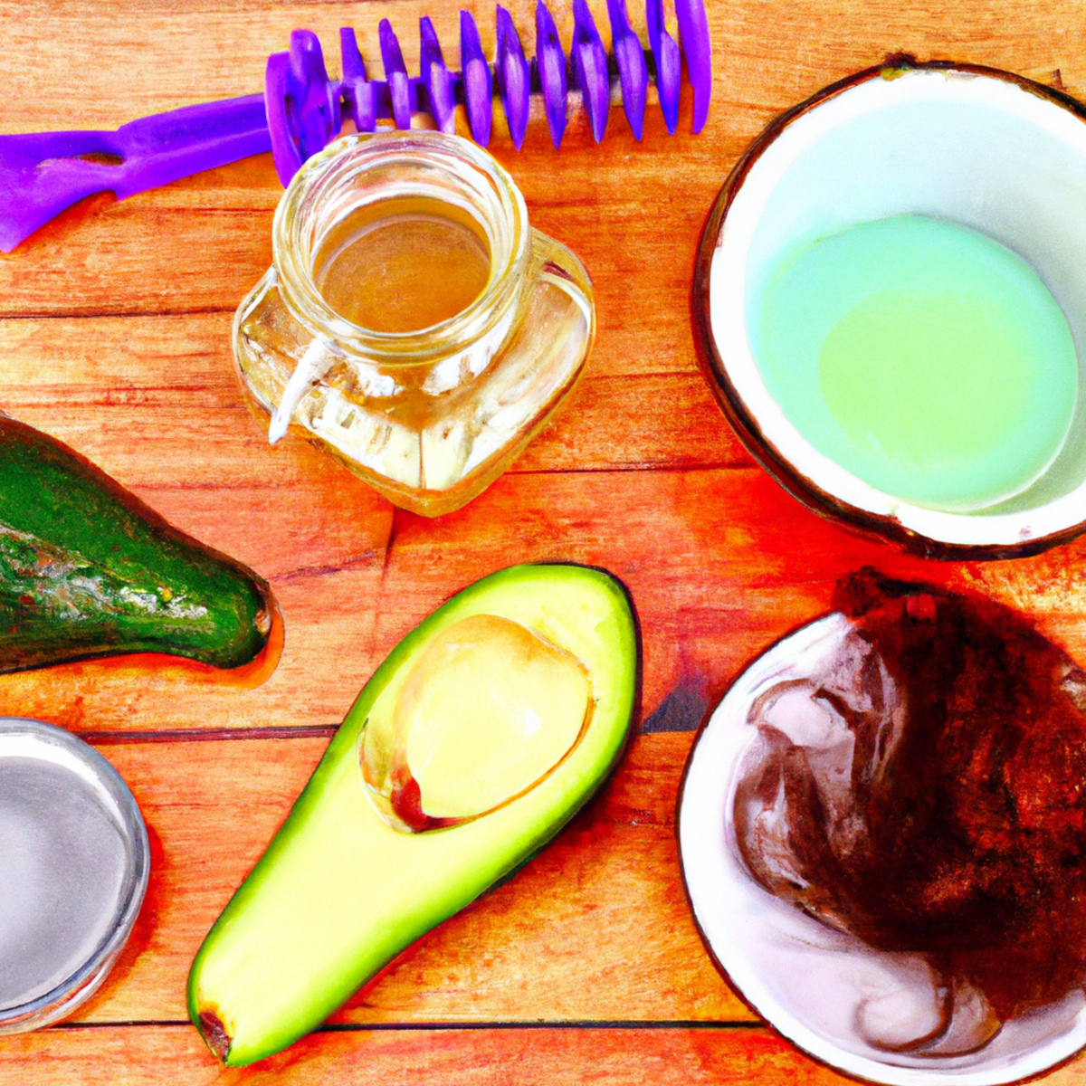 DIY hair care items on wooden table: coconut oil, avocado, apple cider vinegar, honey, comb, brush. Natural lighting.