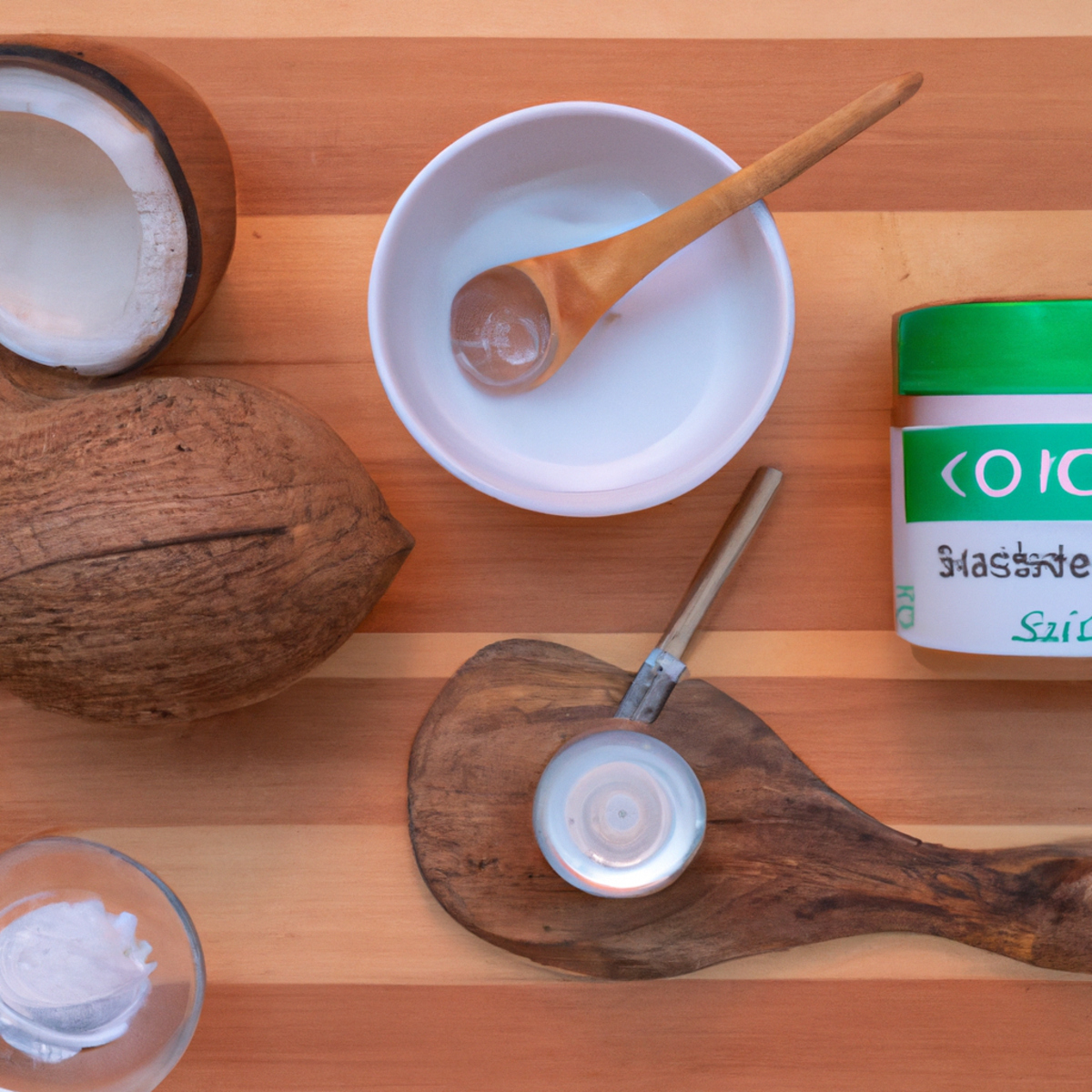 DIY hair care treatments - Organic coconut oil hair mask with tea tree oil and rosemary, mixed with a wooden spoon on a natural wooden table.