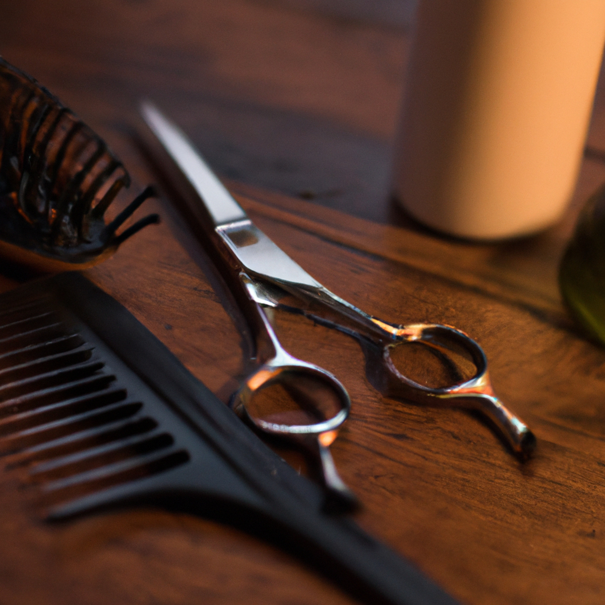 Scissors and hair care products on wooden surface.
