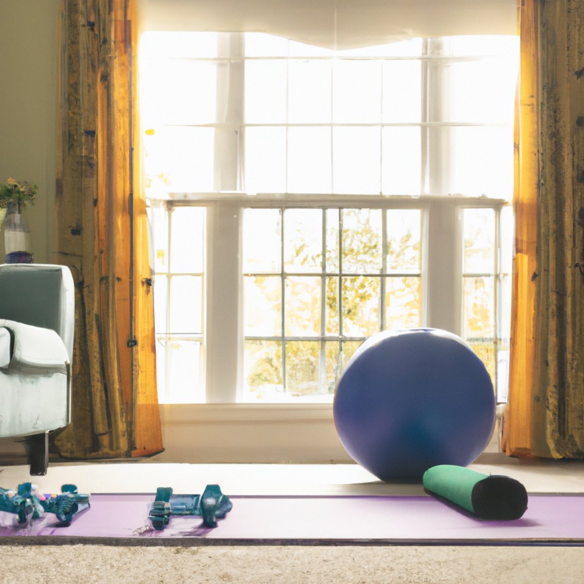 The photo captures a serene and inviting living room with a plush rug and a large window that lets in natural light. In the center of the frame, there is a yoga mat with a Pilates ball and resistance bands neatly arranged on top. A pair of dumbbells sit on the floor next to the mat. The camera angle is slightly elevated, giving a clear view of the objects and emphasizing their importance in the at-home workout routine. The overall aesthetic is clean and minimalist, with a focus on functionality and practicality.