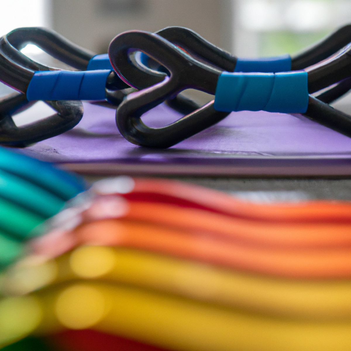 The photo captures a set of colorful resistance bands arranged neatly on a yoga mat. The bands vary in thickness and tension, providing a range of options for different levels of resistance training. A pair of dumbbells sit on either side of the mat, their shiny chrome surfaces reflecting the light. In the background, a blurred image of a person can be seen, suggesting the potential for a challenging workout. The composition of the photo is clean and inviting, encouraging readers to try out the resistance training workouts described in the article.