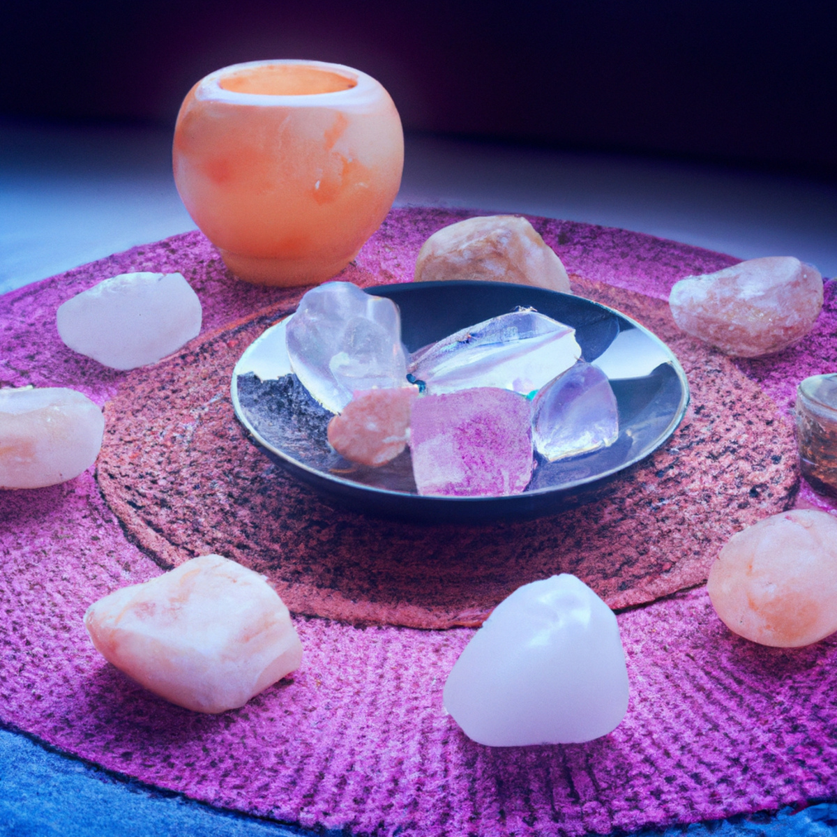 A serene scene of energy healing with a crystal grid, Himalayan salt, sage, and essential oils for holistic stress management.