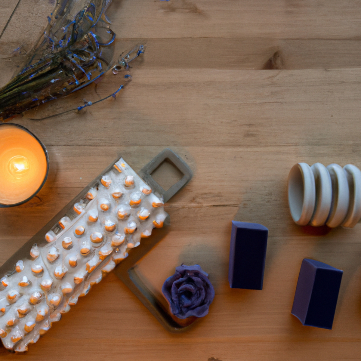 Stress-relief objects on wooden table: foam roller, candles, stress balls. Gym in background. Calming post-game routine.