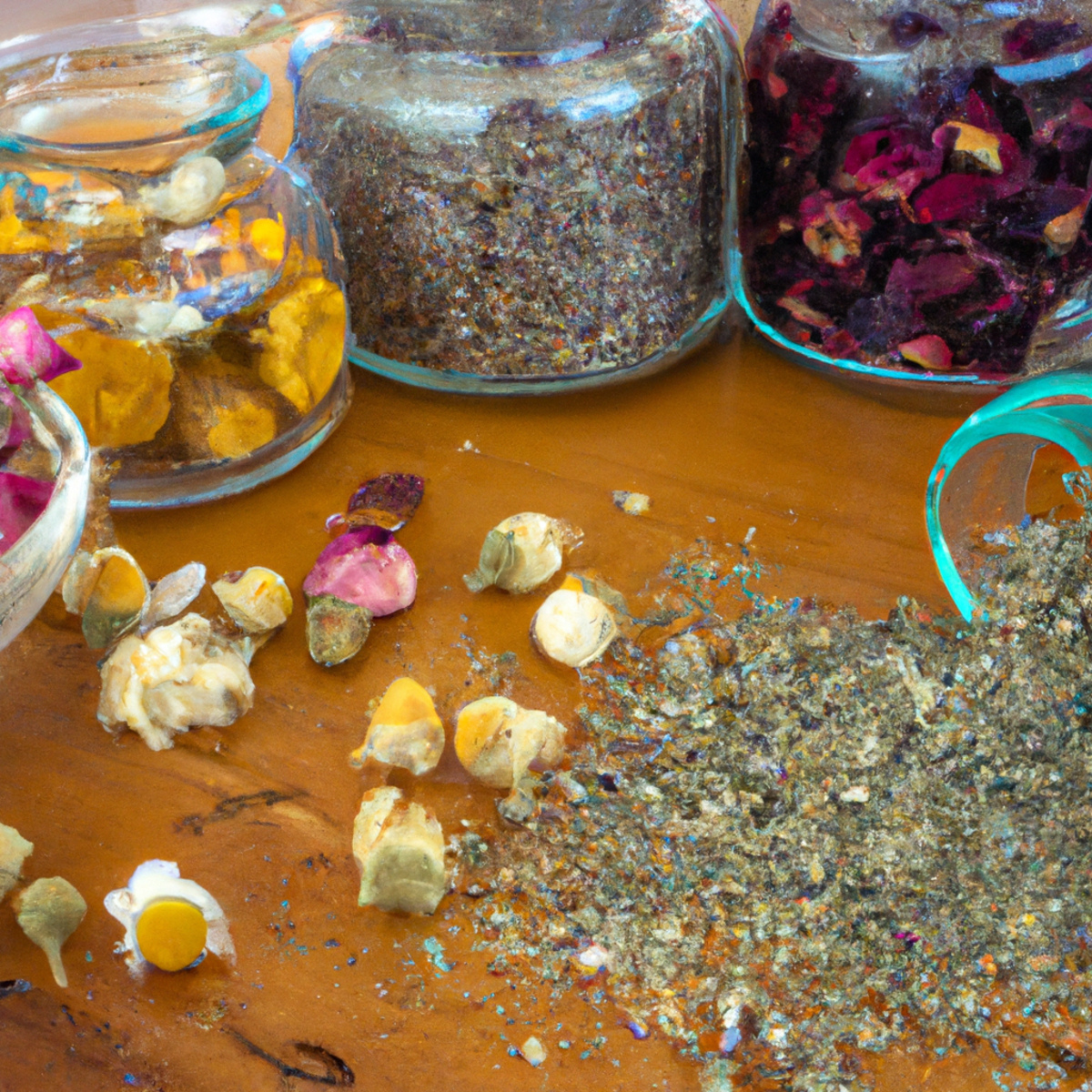 Herbal remedies for stress on a wooden table, with lavender, chamomile, rose petals, and essential oil. Person in background relaxed.