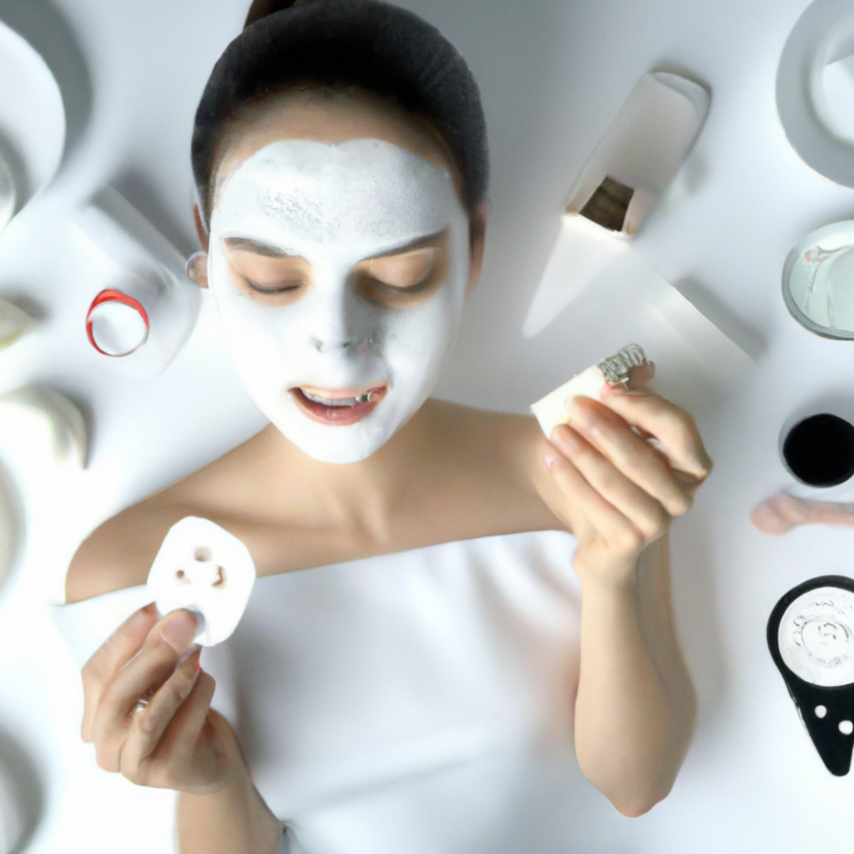 Colorful face masks, skincare products, and tools arranged on a white background, enticing readers to explore the article further.