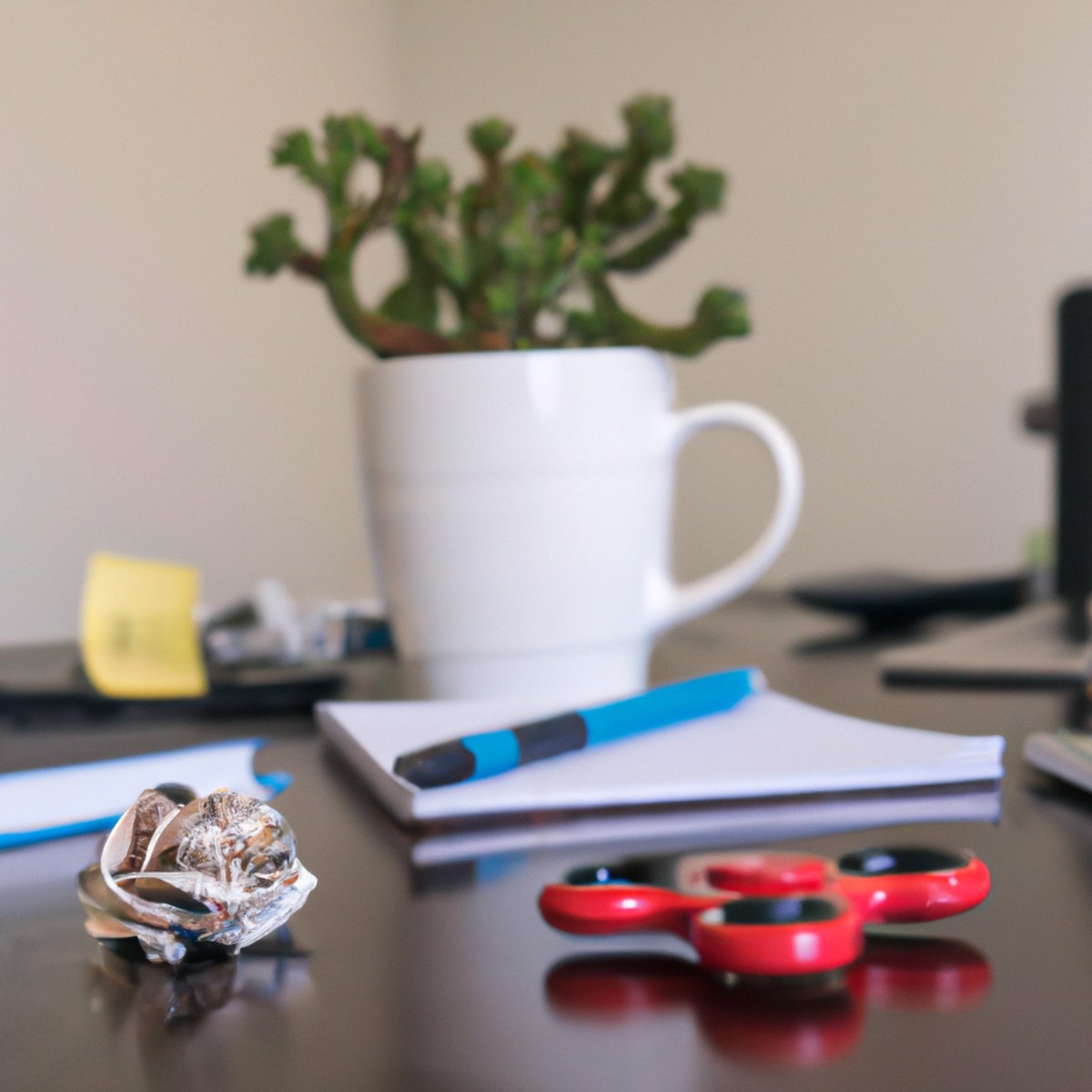 Cluttered desk with coffee, notepad, stress ball, fidget spinner, potted plant, and window. Reminder to prioritize self-care and stress management.