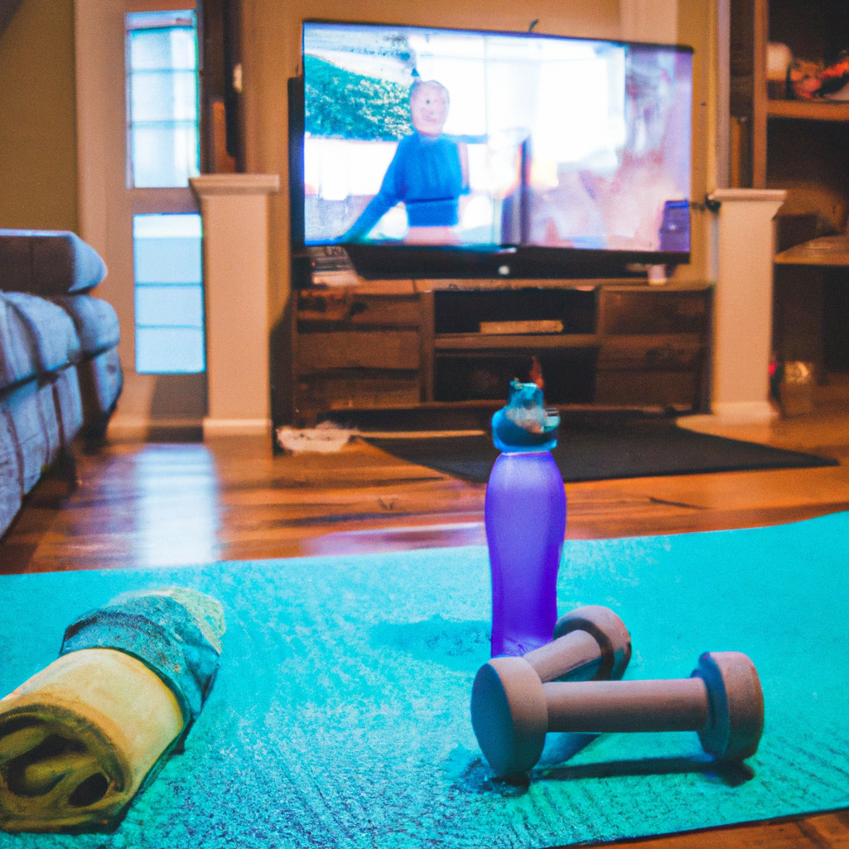 The photo depicts a cozy living room with a large yoga mat spread out on the floor. In the center of the mat, there is a set of dumbbells and a resistance band, ready for use. A water bottle and towel sit nearby, indicating that the person is in the middle of a workout. In the background, a television screen displays a fitness video, providing guidance and motivation. The room is filled with natural light, creating a peaceful and inviting atmosphere for a productive at-home workout.