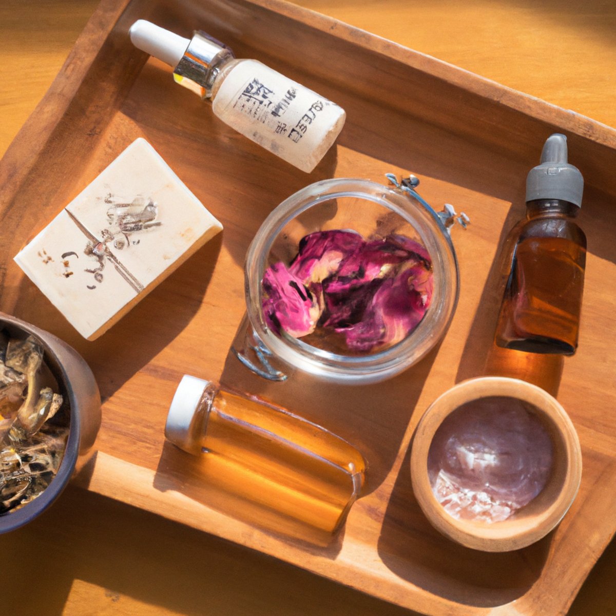 Natural skin care products on wooden tray with lavender sprigs.