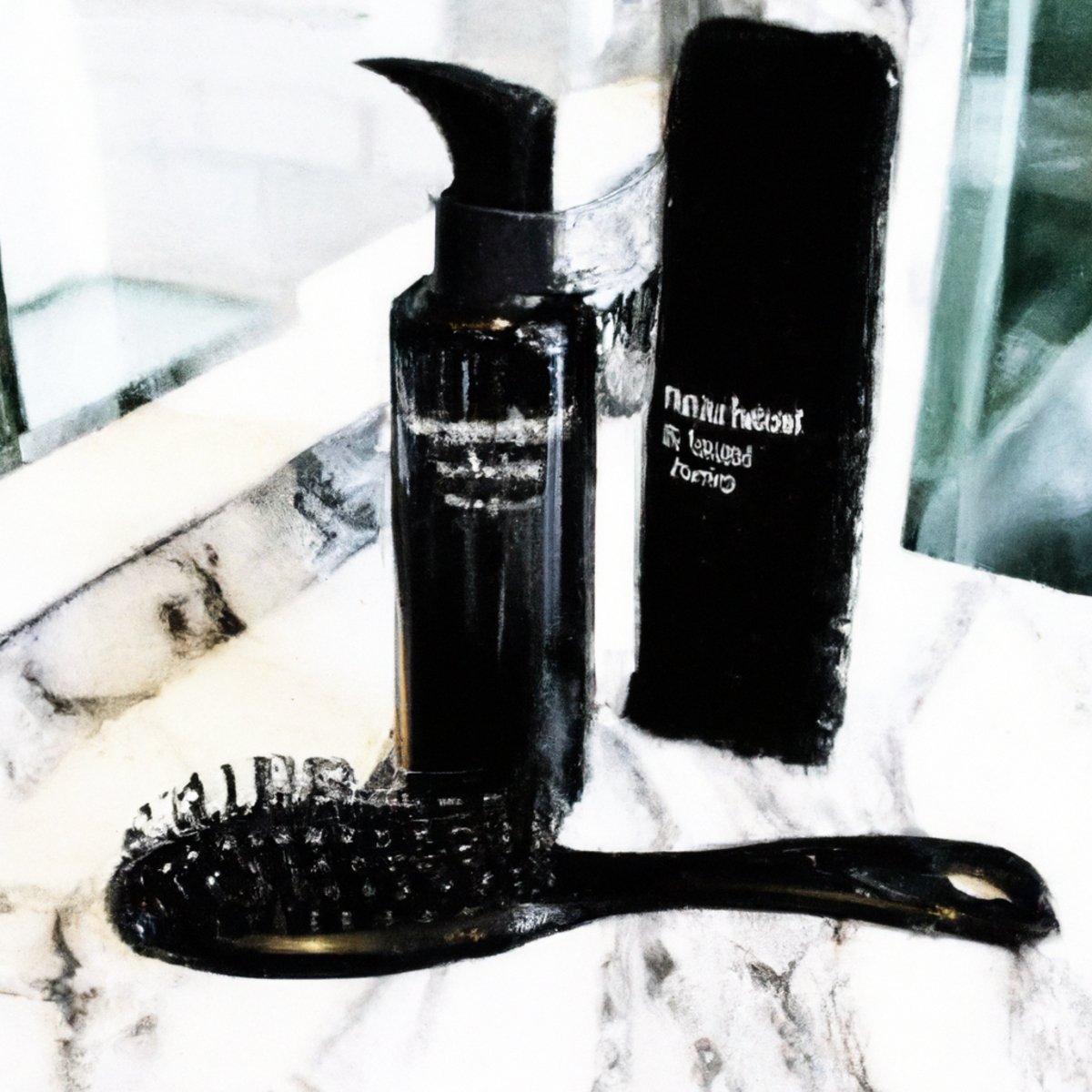 Luxury hair care essentials on a marble countertop.