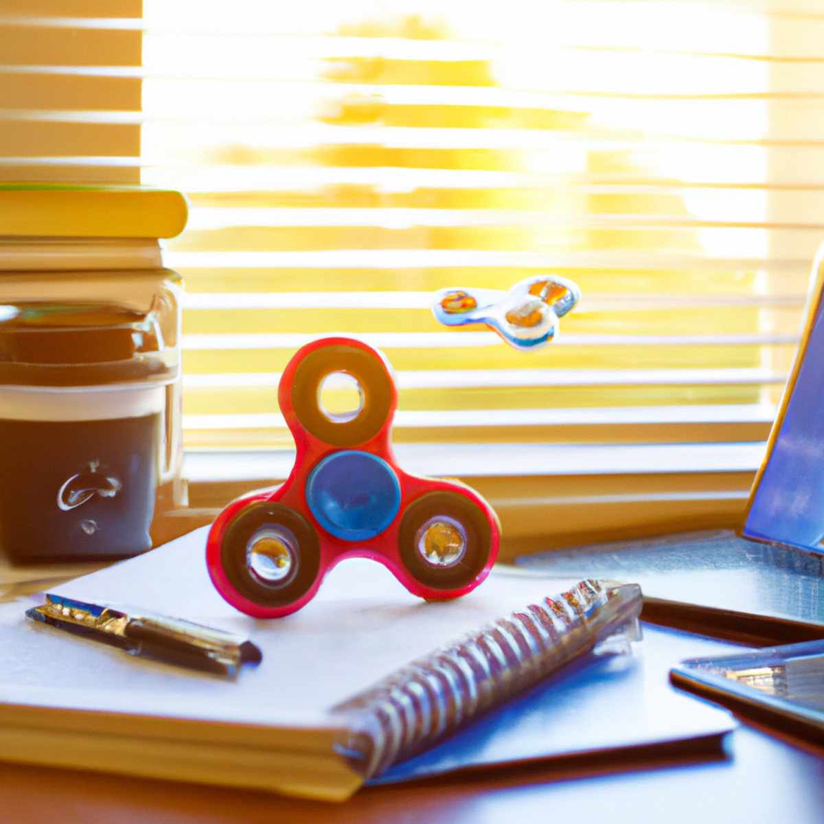 Effective stress management strategies - A cluttered desk with textbooks, notes, laptop, coffee, stress ball, and fidget spinner, representing a student's exam season stress.