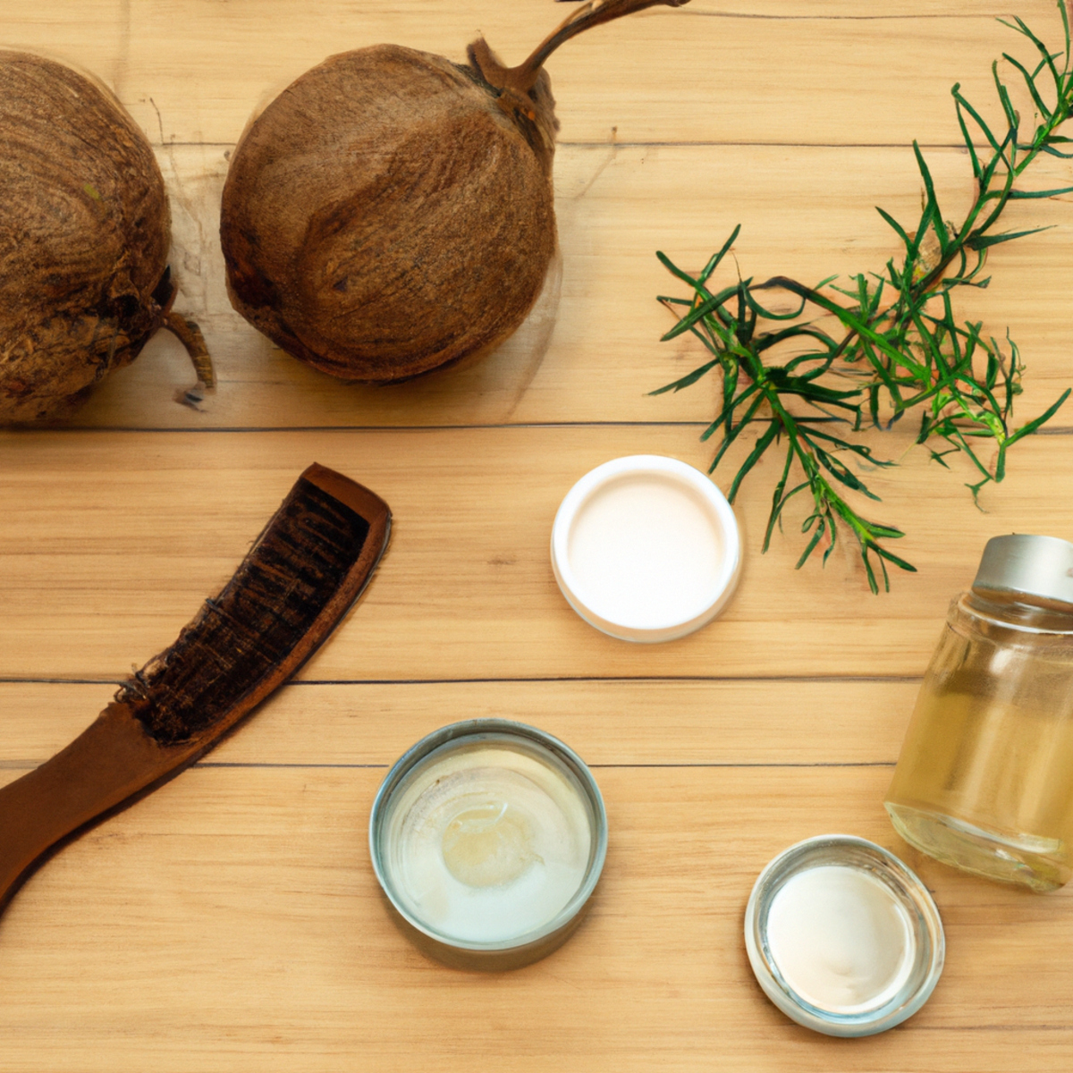 How to promote hair growth naturally - A wooden table with hair care items: coconut oil, rosemary essential oil, a wooden comb, flaxseed gel, and fresh rosemary.