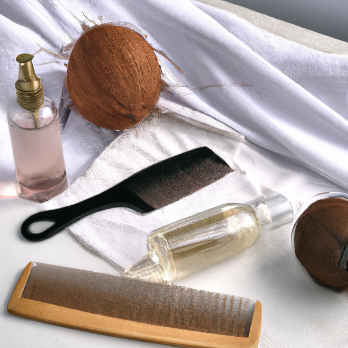How to promote hair growth naturally - A natural hair care setup with a wooden hairbrush, wide-tooth comb, spray bottle, coconut oil jar, and satin hair bonnet.