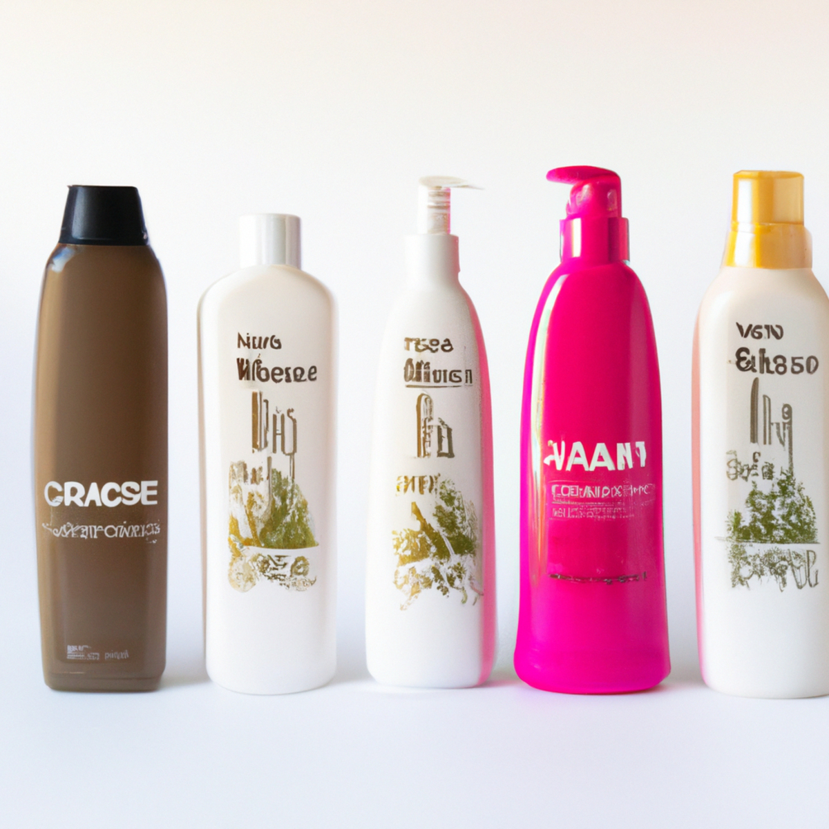 Collection of hair care products neatly arranged on white background. Includes volumizing shampoo, root lifting spray, hair thickening serum, and hair mask.