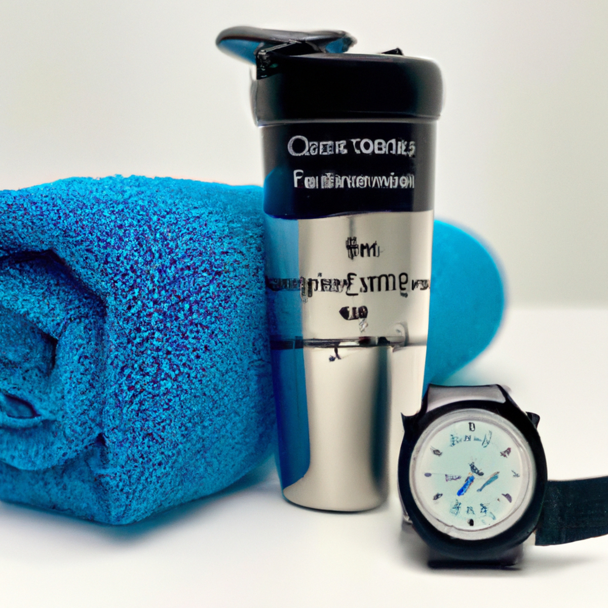 The photo captures a sleek fitness tracker watch, a pair of wireless earbuds, and a water bottle placed on a gym towel. The watch displays the user's heart rate, steps taken, and calories burned, while the earbuds provide a seamless connection to the user's workout playlist. The water bottle is adorned with motivational quotes and reminders to stay hydrated during exercise. The objects are arranged in a way that suggests an active and focused workout session. The photo perfectly encapsulates the integration of technology and fitness, highlighting the convenience and effectiveness of using fitness apps and wearables to enhance one's exercise routine.
