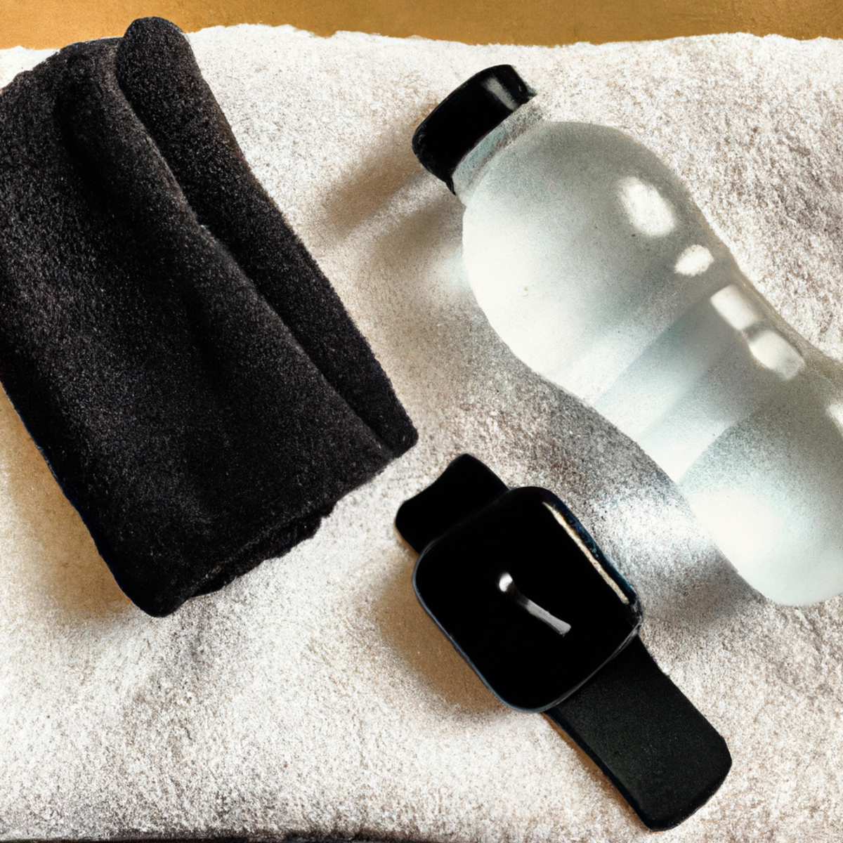 The photo showcases the importance of Apps and Wearables in achieving fitness goals. It features a sleek fitness tracker watch, wireless earbuds, and a water bottle on a gym towel. The watch displays heart rate and step count, while the earbuds indicate the use of music or fitness coach guidance. The half-empty water bottle signifies a dedicated workout session. With a neatly folded gym towel, the user shows organization and focus. The blurred background emphasizes the significance of these Apps and Wearables.