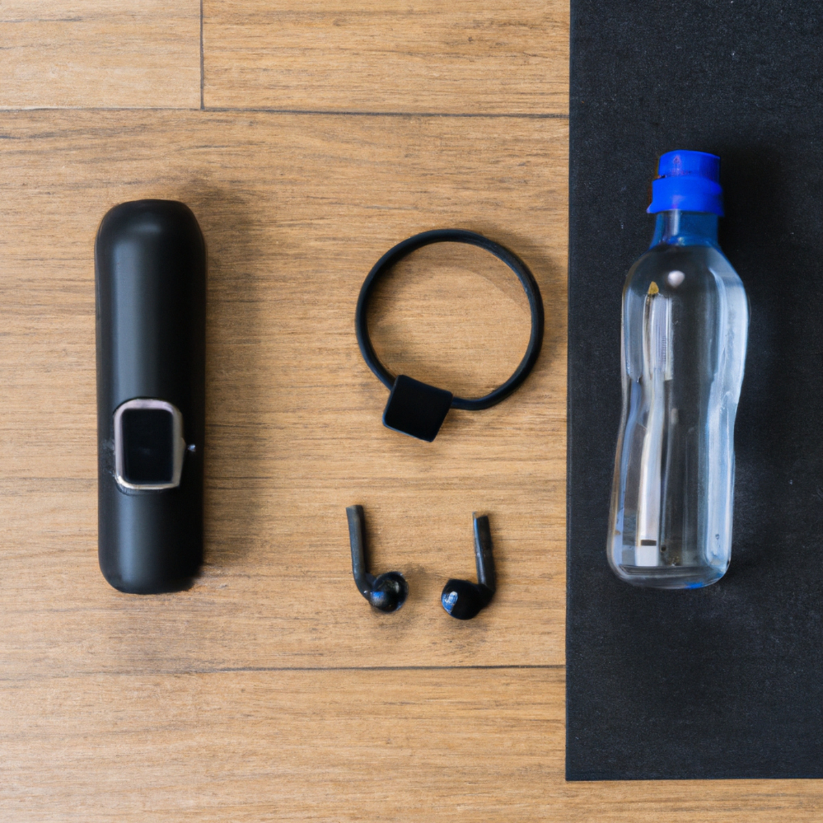 The photo features a sleek black fitness tracker watch, a pair of wireless earbuds, a water bottle, and a yoga mat neatly arranged on a wooden floor. The fitness tracker, labeled "Exercise: Fitness Apps and Wearables," displays the user's heart rate and step count, while the earbuds provide high-quality sound for a motivating workout playlist. The water bottle is filled with refreshing hydration, and the yoga mat is ready for a post-workout stretch. The objects are positioned in a way that suggests an active and healthy lifestyle, encouraging readers to incorporate these must-have fitness accessories, including Exercise: Fitness Apps and Wearables, into their own workout routines.