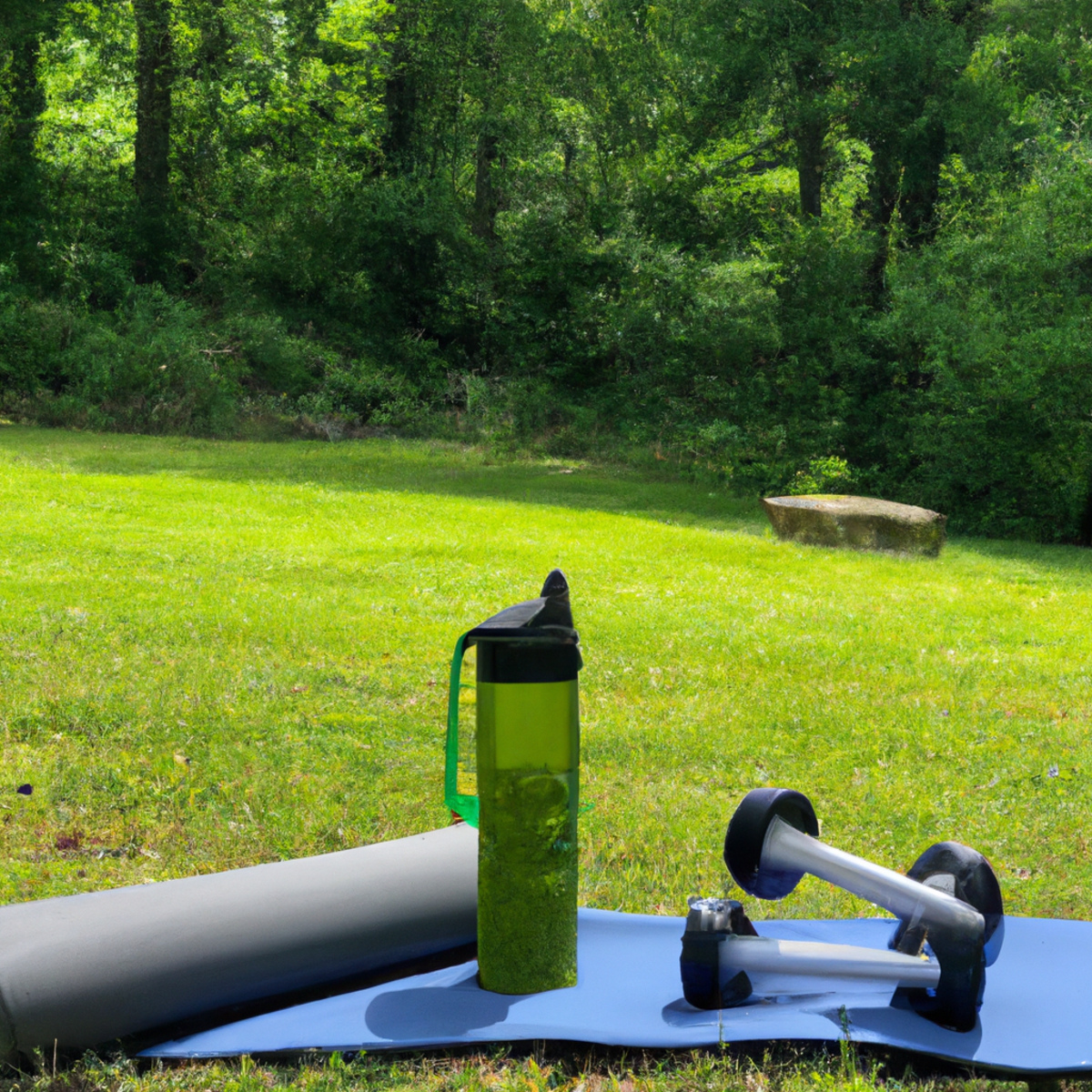 The photo captures a serene outdoor setting with a lush green landscape in the background. In the foreground, there are various fitness objects scattered around, including a yoga mat, resistance bands, and a set of dumbbells. The objects are strategically placed to showcase the versatility of outdoor fitness and how it can be adapted to suit different workout routines. The lighting is soft and natural, creating a calming and inviting atmosphere that encourages viewers to step outside and switch up their fitness routine.