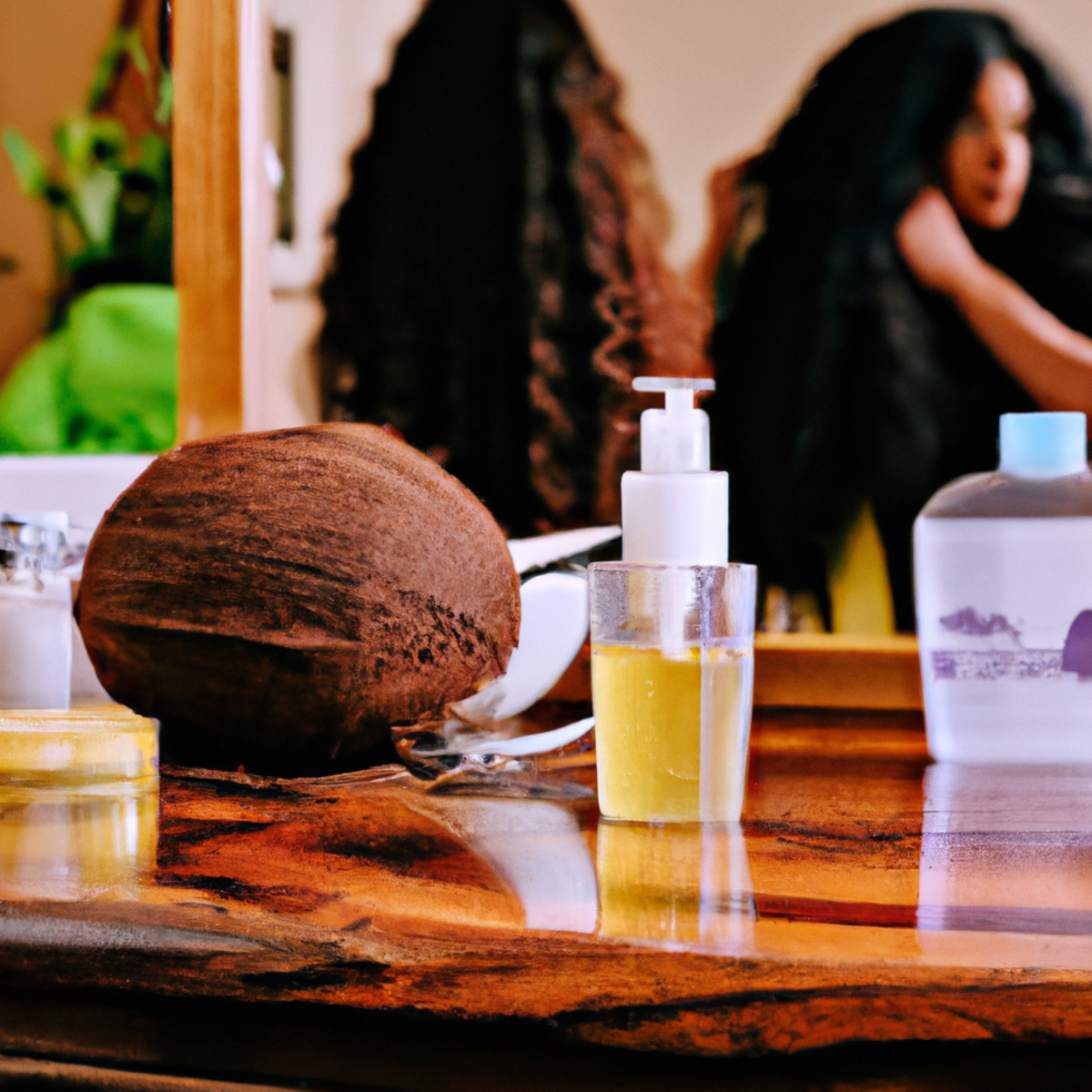 Curly hair care essentials on a wooden table with a woman applying product in the background.
