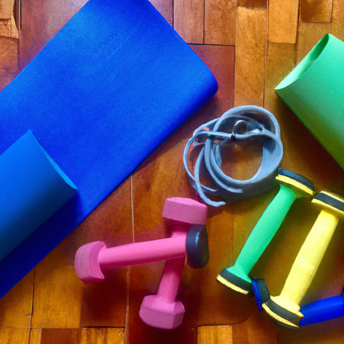 The photo captures a colorful array of fitness equipment, including yoga mats, resistance bands, dumbbells, and a jump rope, neatly arranged on a hardwood floor. The lighting highlights the texture of the mats and the shiny surfaces of the weights, creating a sense of depth and dimensionality. The composition suggests a sense of order and purpose, inviting the viewer to imagine the possibilities of a virtual fitness class.