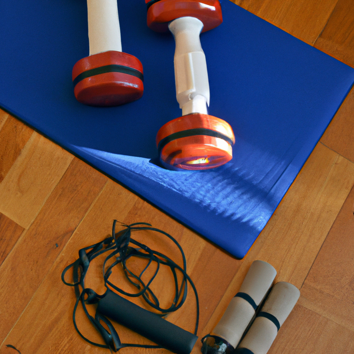 The photo shows a set of dumbbells, a jump rope, and a yoga mat arranged neatly on a hardwood floor. The dumbbells are of different weights, ranging from 5 to 15 pounds, and are placed on either side of the yoga mat. The jump rope is coiled up and placed on top of the mat, while the mat itself is rolled up and leaning against the wall in the background. The lighting is bright and natural, casting a warm glow on the objects and highlighting their textures and details. The overall effect is one of simplicity and efficiency, suggesting that with just these few items, one can achieve a challenging and effective HIIT workout in the comfort of their own home.