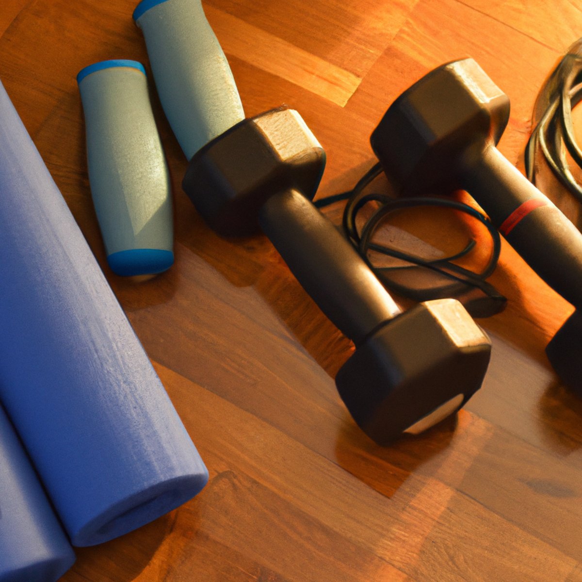 The photo features a set of dumbbells, a jump rope, and a yoga mat arranged neatly on a hardwood floor. The dumbbells are of varying weights, with the heaviest ones placed at the back. The jump rope is coiled up and placed on top of the yoga mat, which is unrolled and ready for use. The lighting in the photo is bright and natural, highlighting the texture of the wood and the vibrant colors of the equipment. The composition of the photo suggests a sense of order and preparation, inviting the reader to imagine themselves engaging in a rigorous and effective HIIT workout.