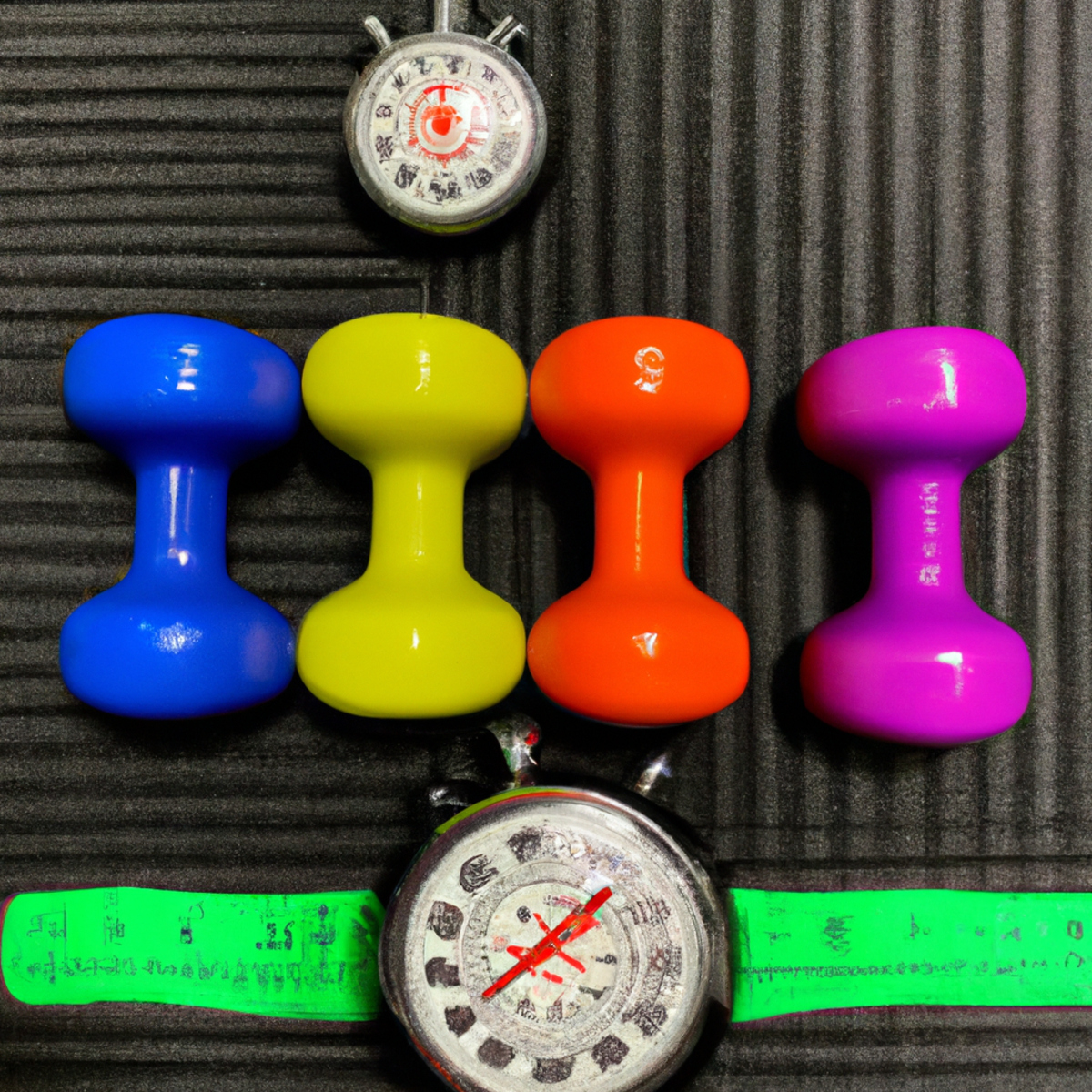 The photo captures a set of colorful dumbbells arranged neatly on a black mat, with a stopwatch placed in the center. The weights range from light to heavy, indicating the varying levels of intensity in the HIIT workouts. The stopwatch, with its digital display, adds a sense of urgency and precision to the image, emphasizing the importance of timing in these workouts. The lighting is bright and crisp, highlighting the texture and details of the equipment. Overall, the photo conveys a sense of energy and determination, inviting readers to take on the challenge of mastering their endurance through HIIT workouts.