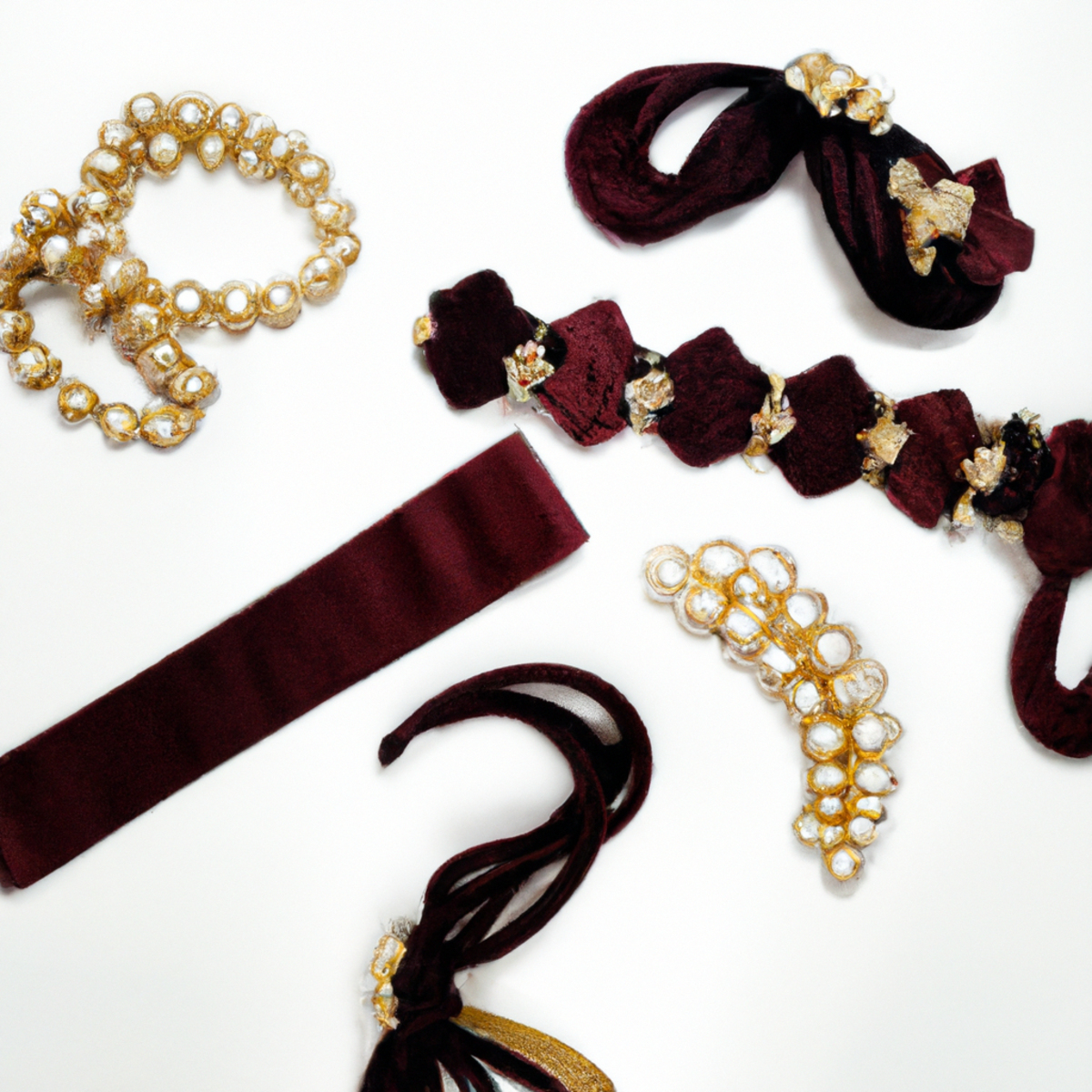 Trending hairstyles for 2023 - Assorted hair accessories including a gold clip, pearl pins, velvet scrunchie, black headband, clear tie, and colorful elastics.