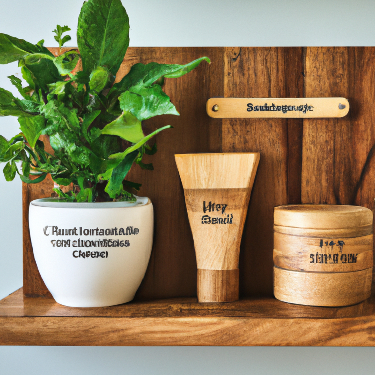 Curly haircare products on wooden shelf with plant and quote.