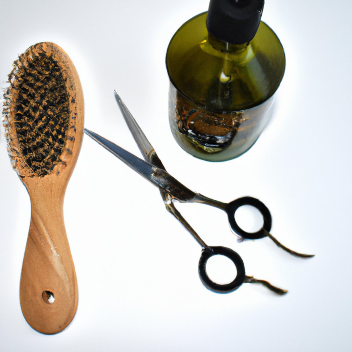 Hair care essentials: boar hair brush, argan oil, and scissors.