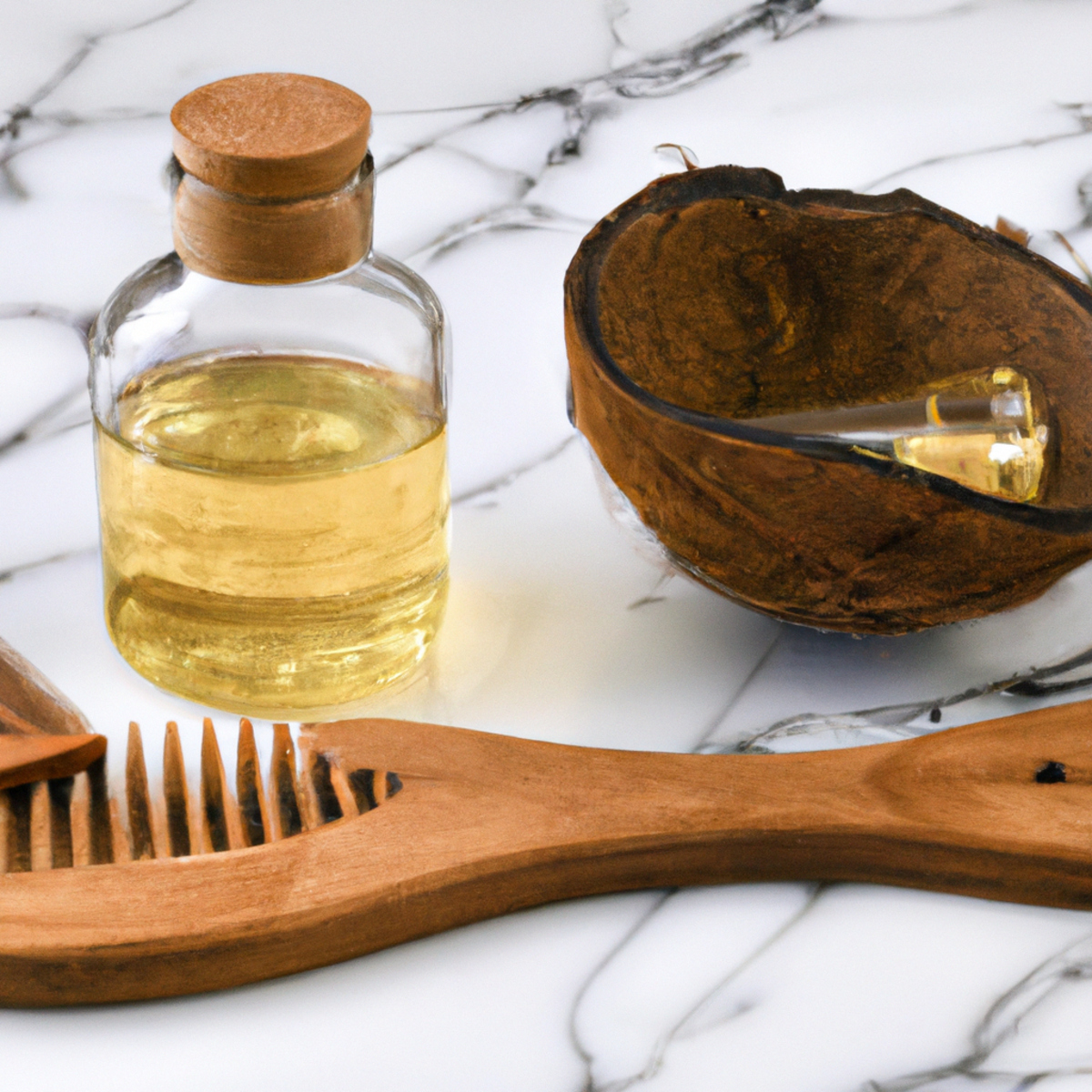 Wooden comb, argan oil, and coconut oil on marble surface. Hair care made easy with natural ingredients.