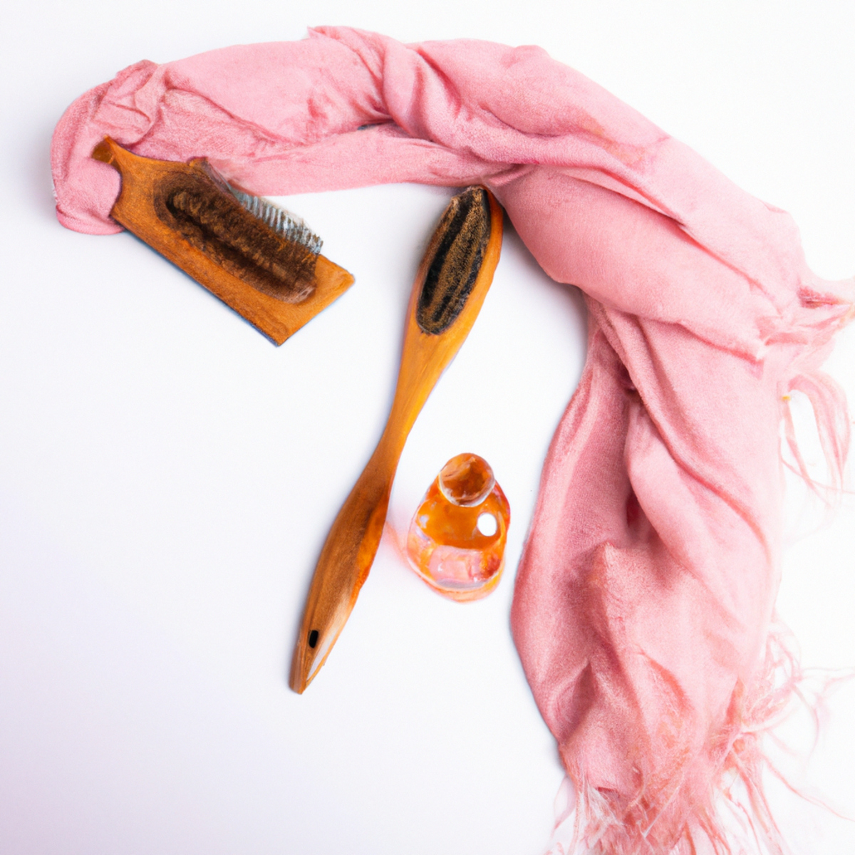 Hair care essentials: natural bristle brush, argan oil, and silk scarf for frizz-free locks.