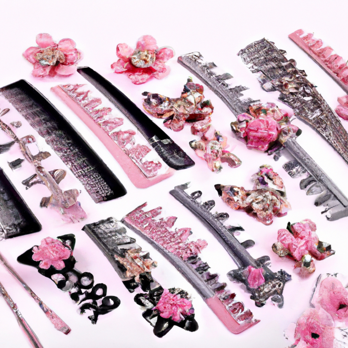 A stunning array of hair accessories on a white background, showcasing rhinestone hairpins, floral clips, a pearl and crystal hairband, and vibrant silk scrunchies.