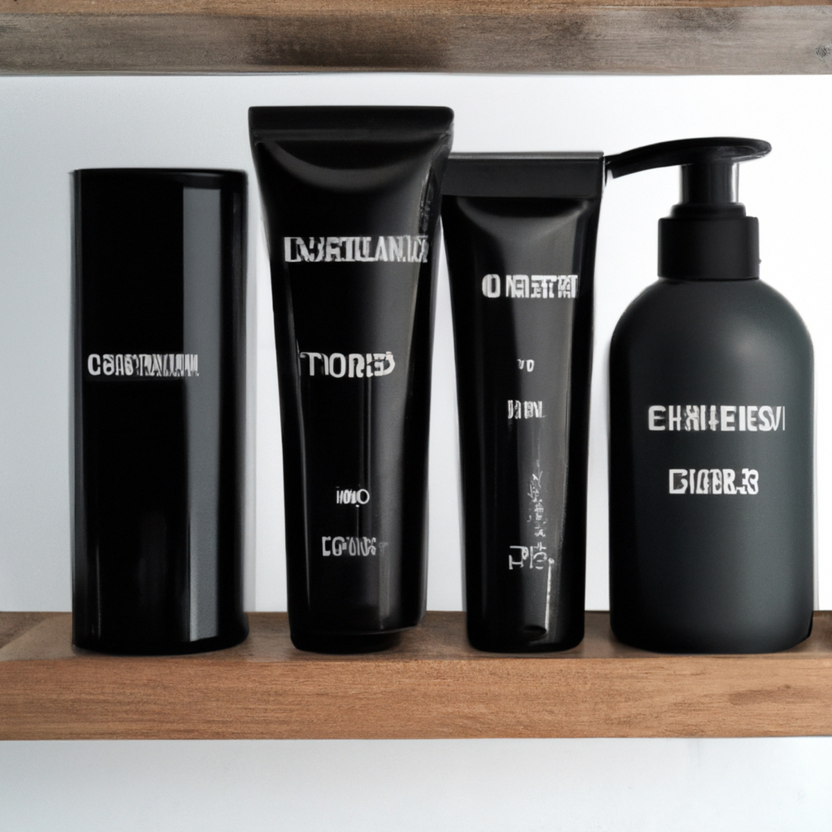 Hair care routine for men - A wooden shelf with men's hair care products, including shampoo, wax, conditioner, brush, and serum.