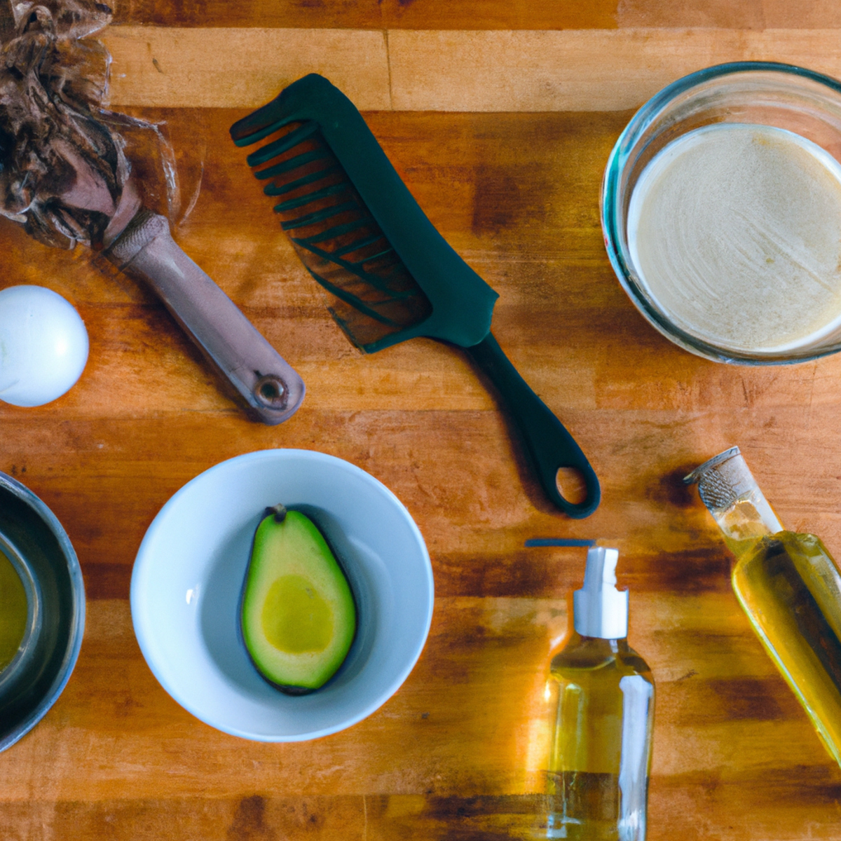 DIY hair mask ingredients on wooden table with tools. Coconut oil, avocado, apple cider vinegar, honey mixed with spoon and whisk.