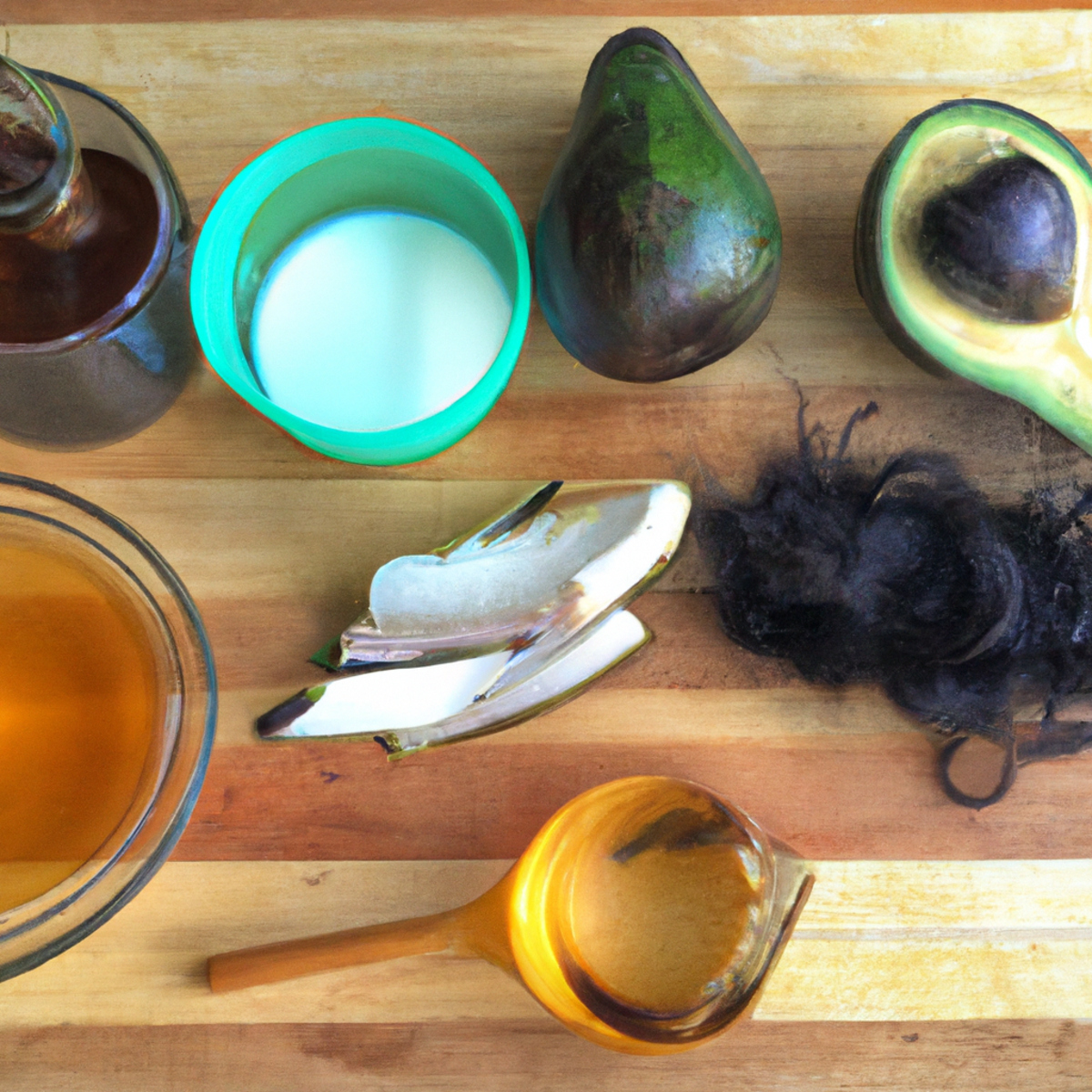 DIY hair care ingredients on wooden table with natural lighting and blurred person in background.