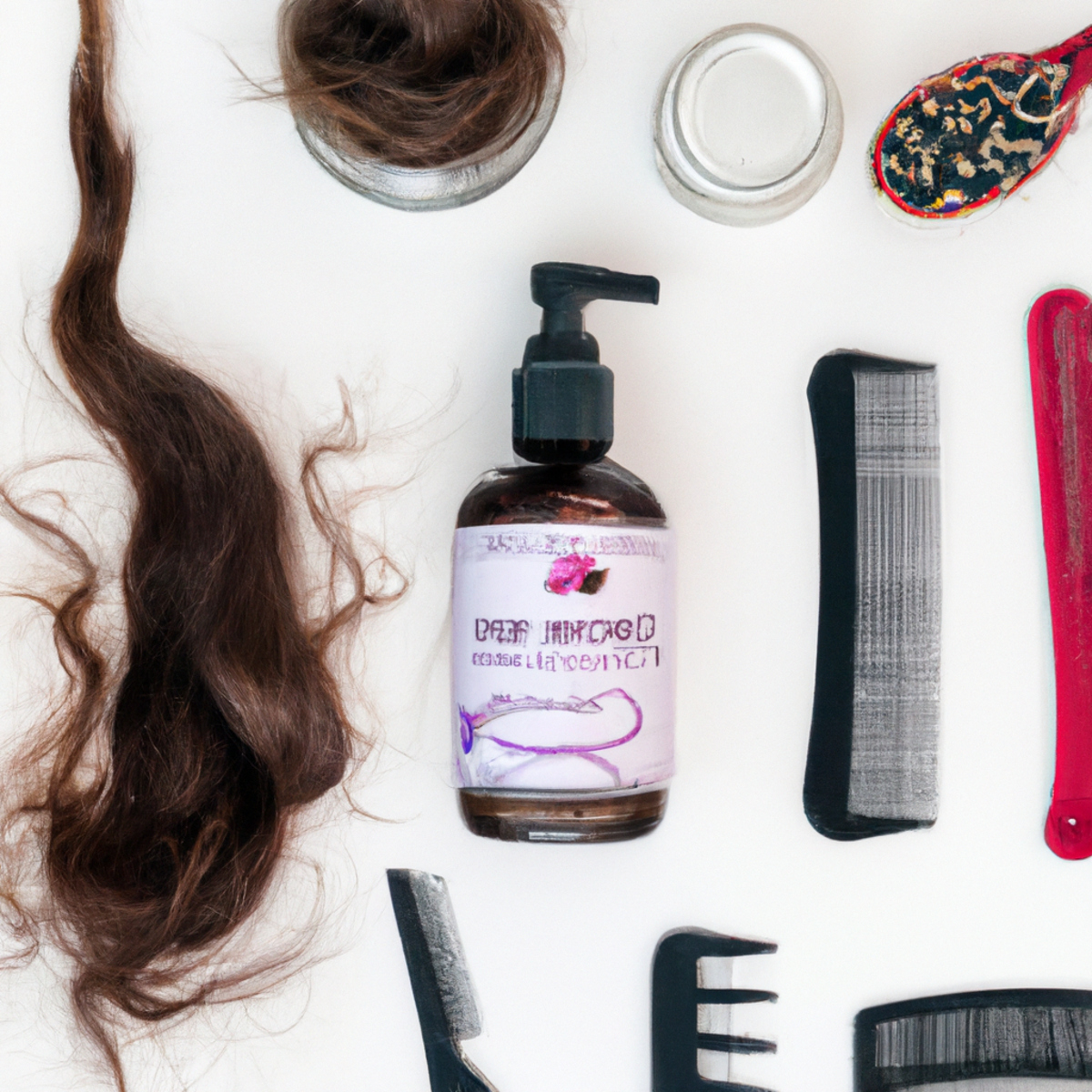 Hair care products promoting healthy hair growth, including a hair growth serum, comb, brush, scalp massager, and hair ties.