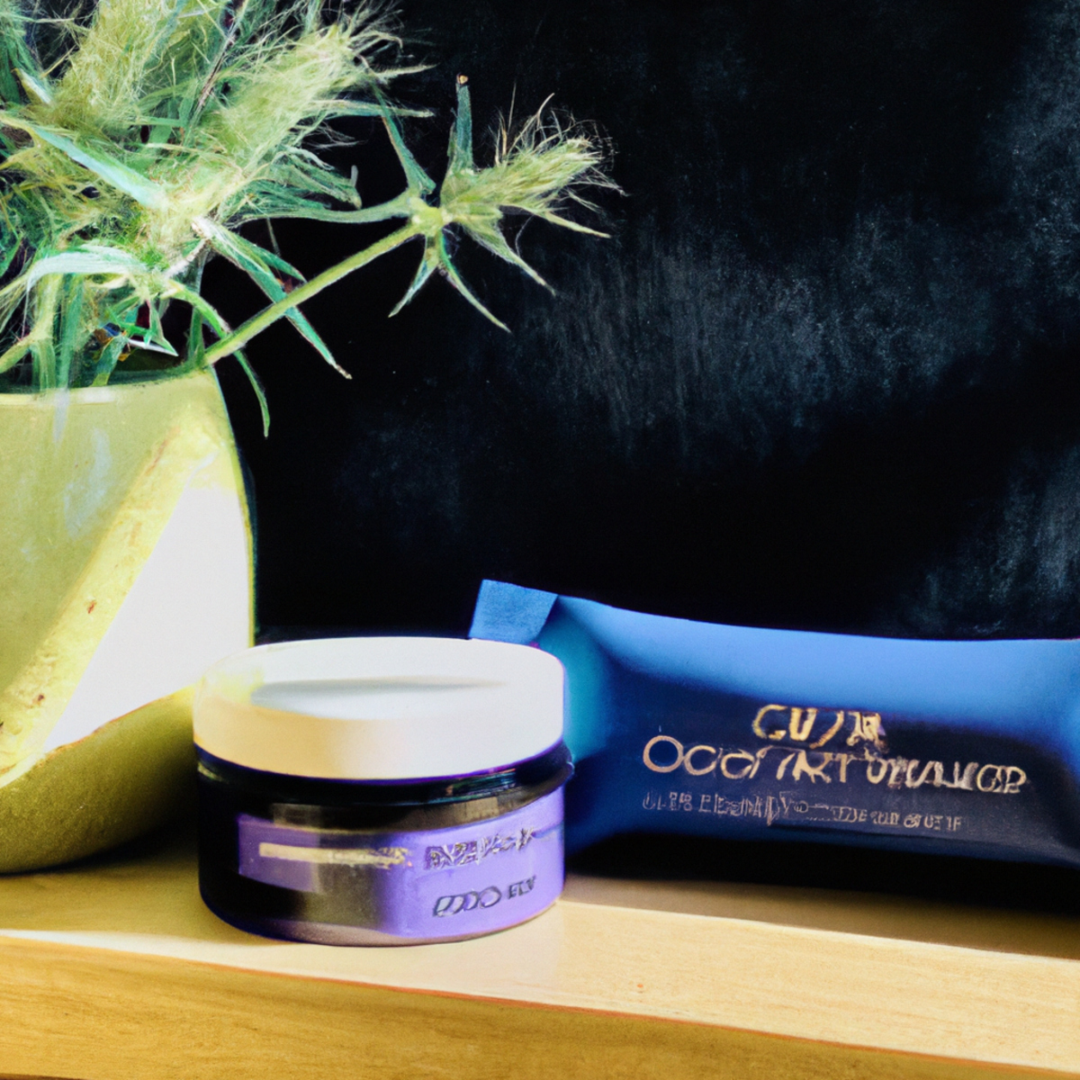 CBD-infused skincare: Luxurious face cream, lavender sprig, plush towel, warm light. Meticulously captured details entice exploration.
