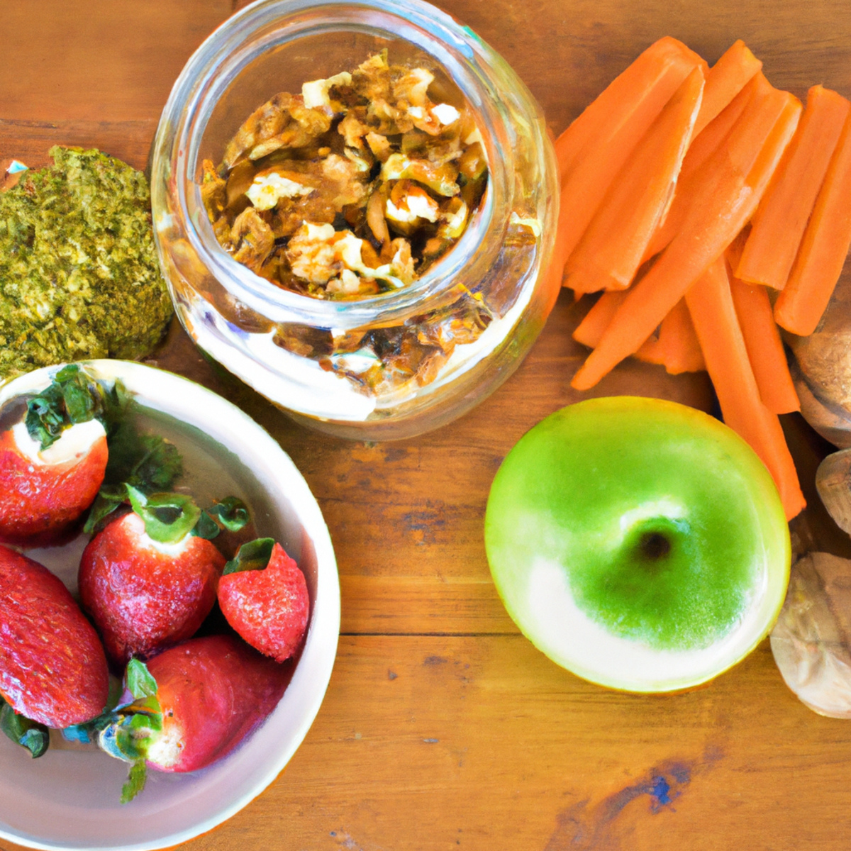 A wooden table with fresh fruits, veggies, nuts, bread, tea, and a mindfulness book. A peaceful scene promoting holistic nutrition and stress management.