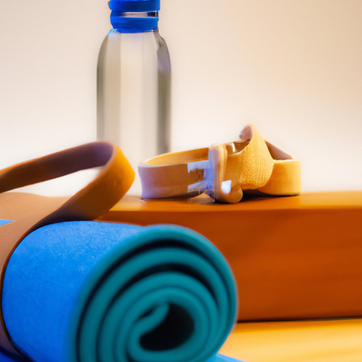 Yoga mat, towel, water bottle, block, and strap create a serene scene for stress management exercises.