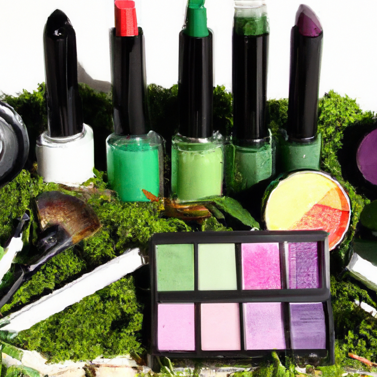 Earth-friendly cosmetics in vibrant colors and textures, showcasing organic lipsticks, cruelty-free eyeshadow palettes, and eco-friendly makeup brushes.