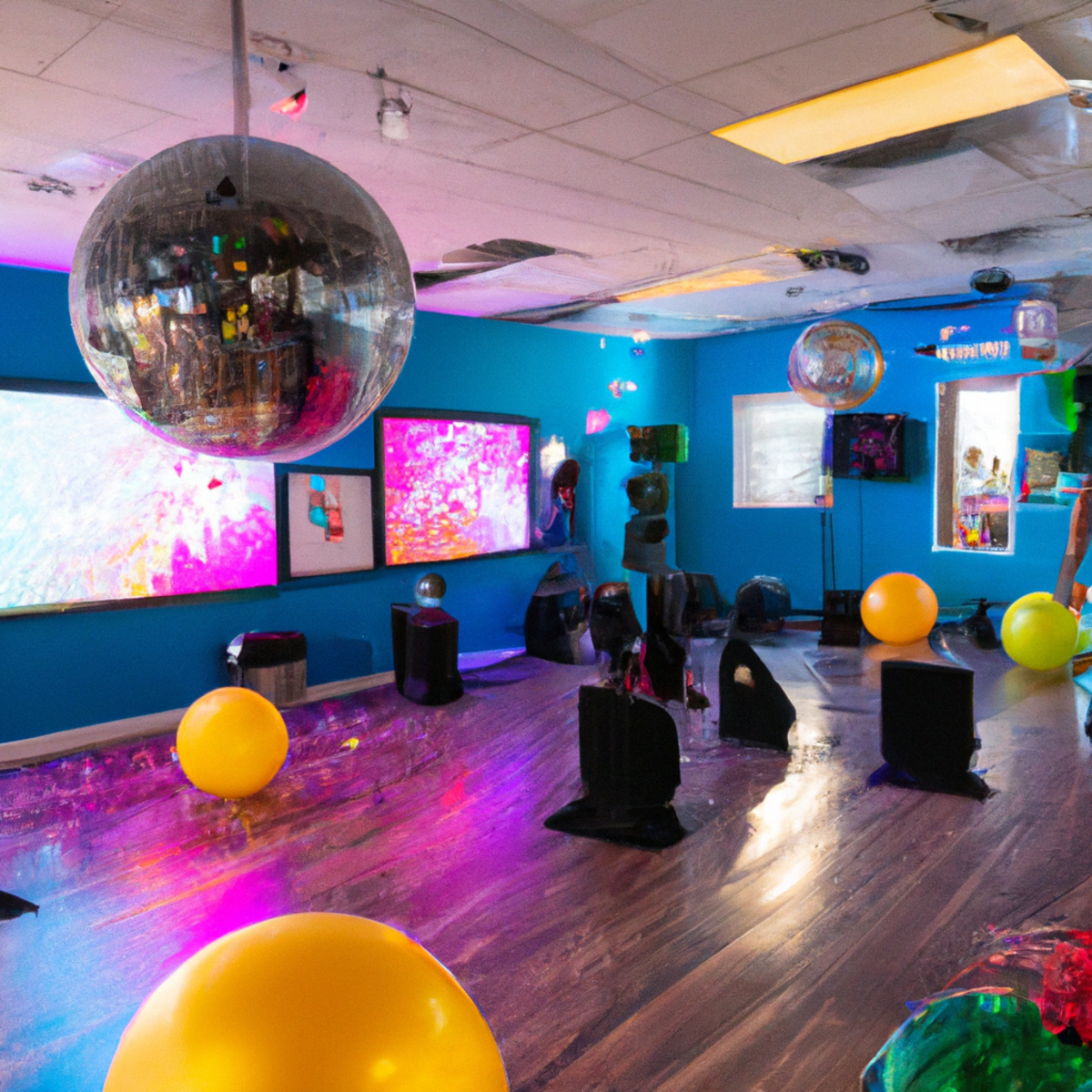 The photo captures a vibrant and energetic scene of a virtual fitness party class. The focus is on the objects in the room, which include a colorful disco ball hanging from the ceiling, a sleek sound system with powerful speakers, and a large screen displaying the virtual instructor leading the dance workout. In the foreground, there are a variety of fitness props such as resistance bands, weights, and yoga mats, indicating that this class offers a well-rounded workout. The participants in the class are not visible in the photo, but their presence is felt through the lively atmosphere and the movement of the objects in the room. Overall, the photo conveys the excitement and fun of a virtual fitness party class, encouraging readers to join in and dance their way to fitness.