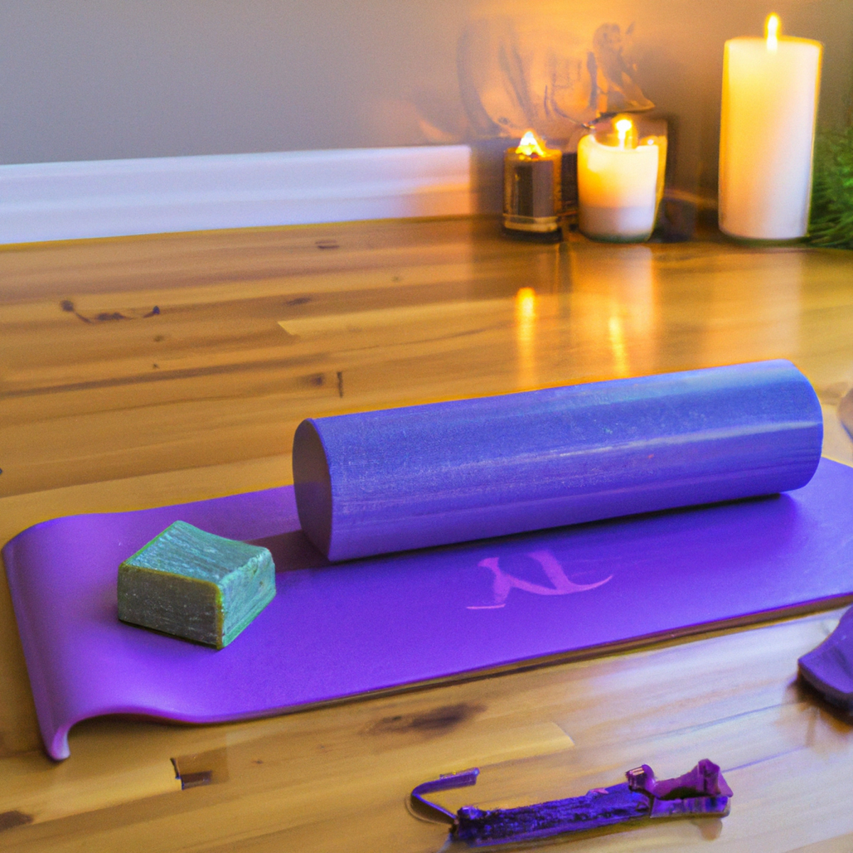 A calming yoga scene with props including a mat, bolster, block, candle, straps, and foam roller.